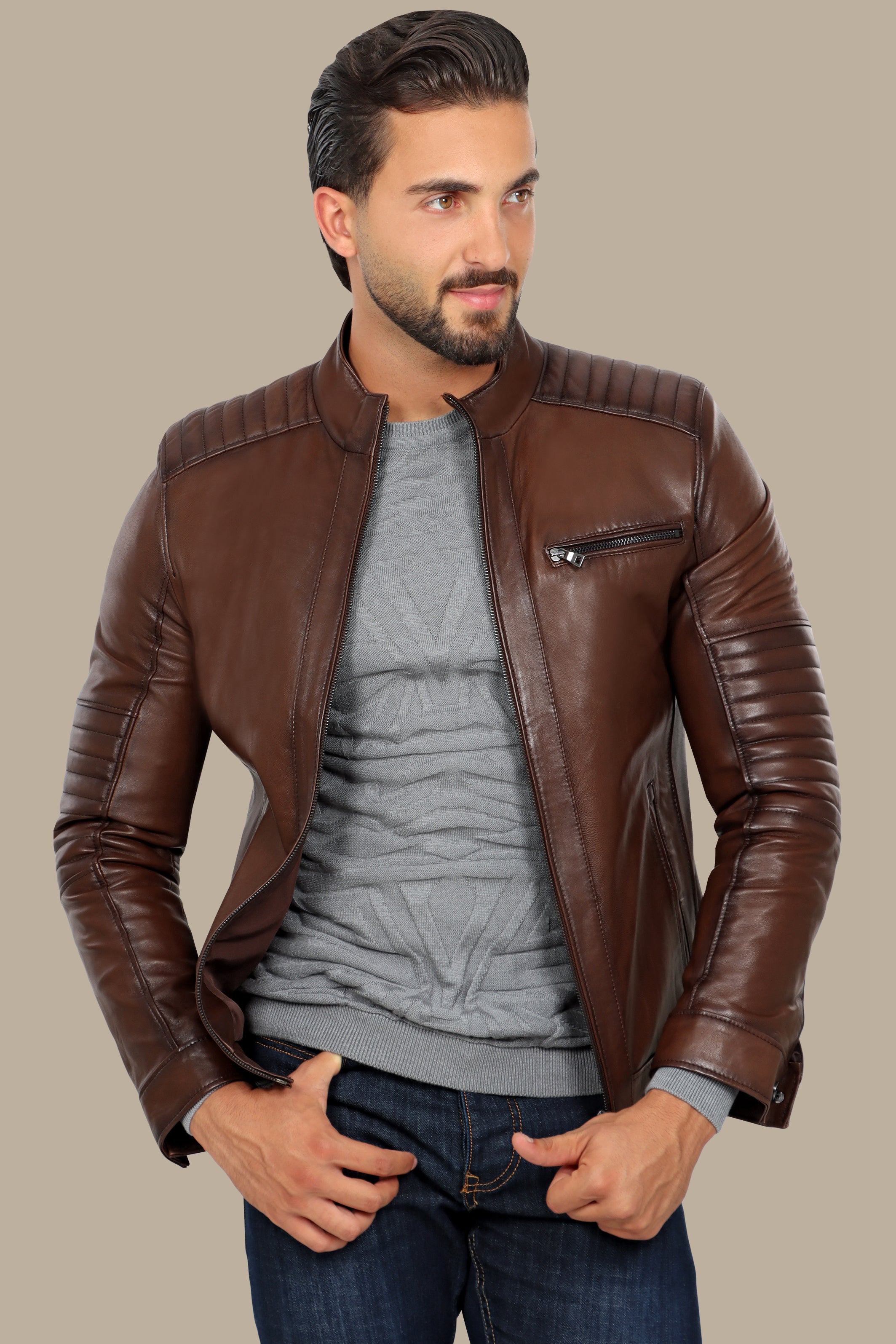 Brown Leather Mao Jacket with Triple Zipper Design