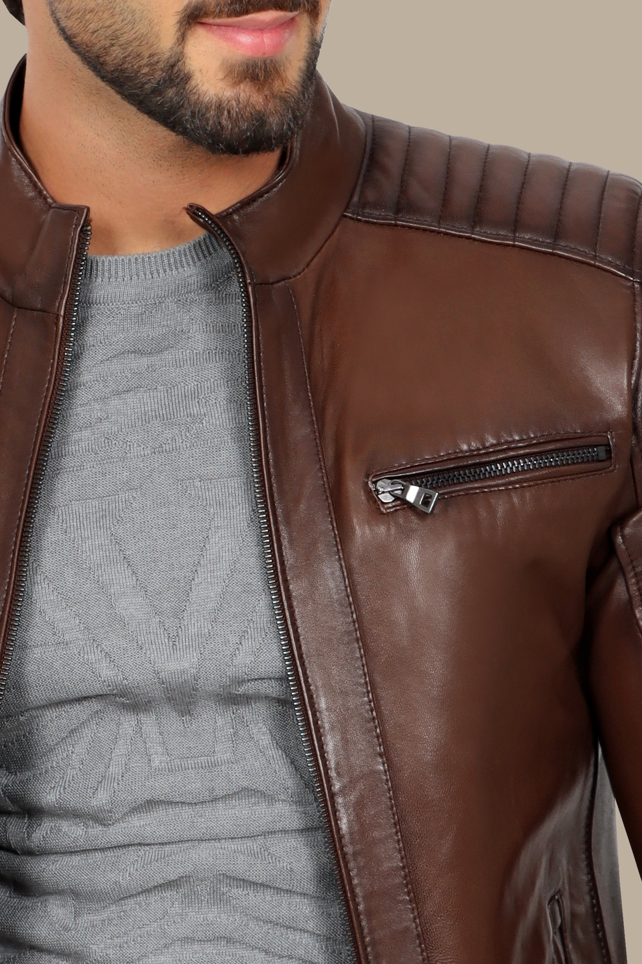 Brown Leather Mao Jacket with Triple Zipper Design