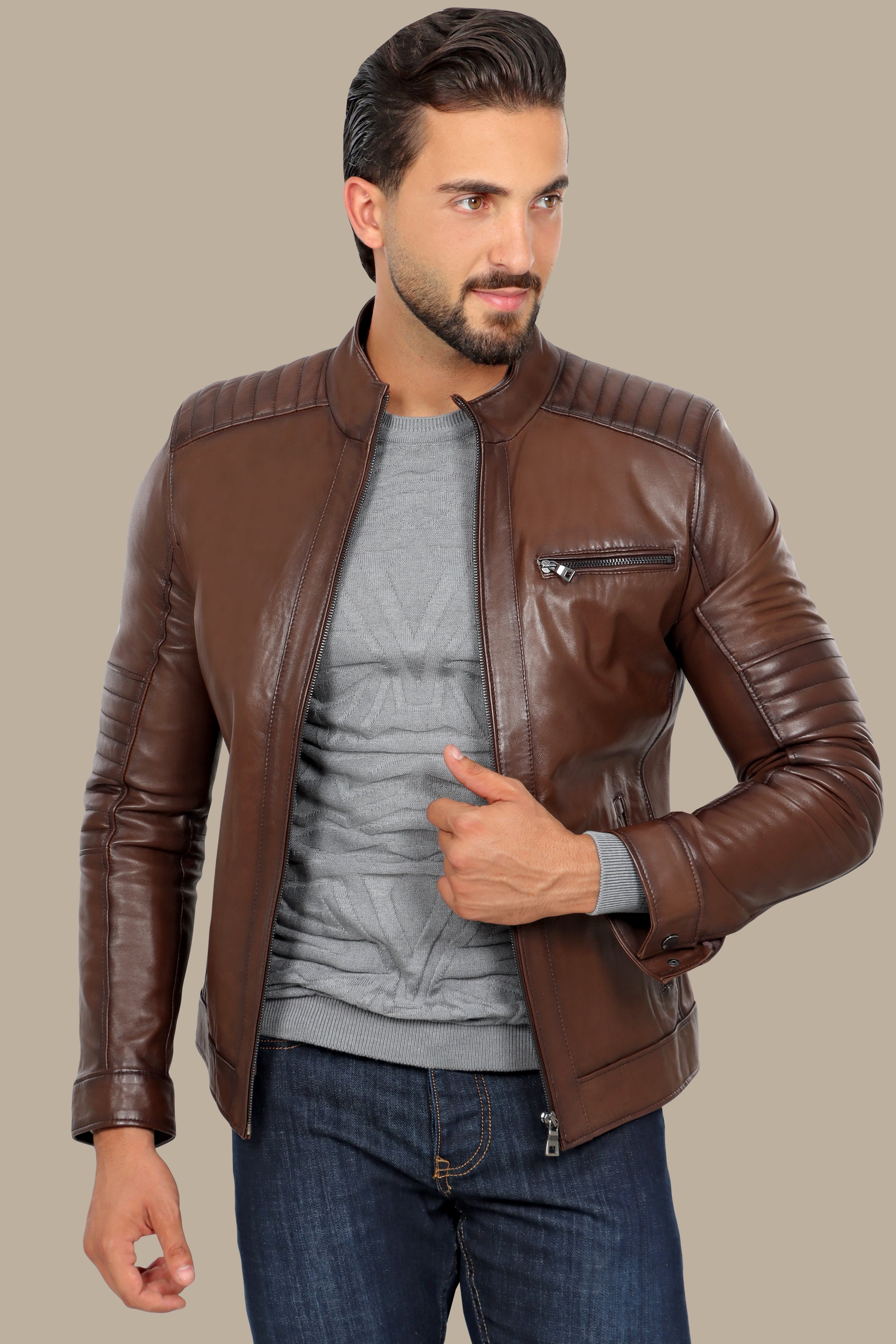 Brown Leather Mao Jacket with Triple Zipper Design