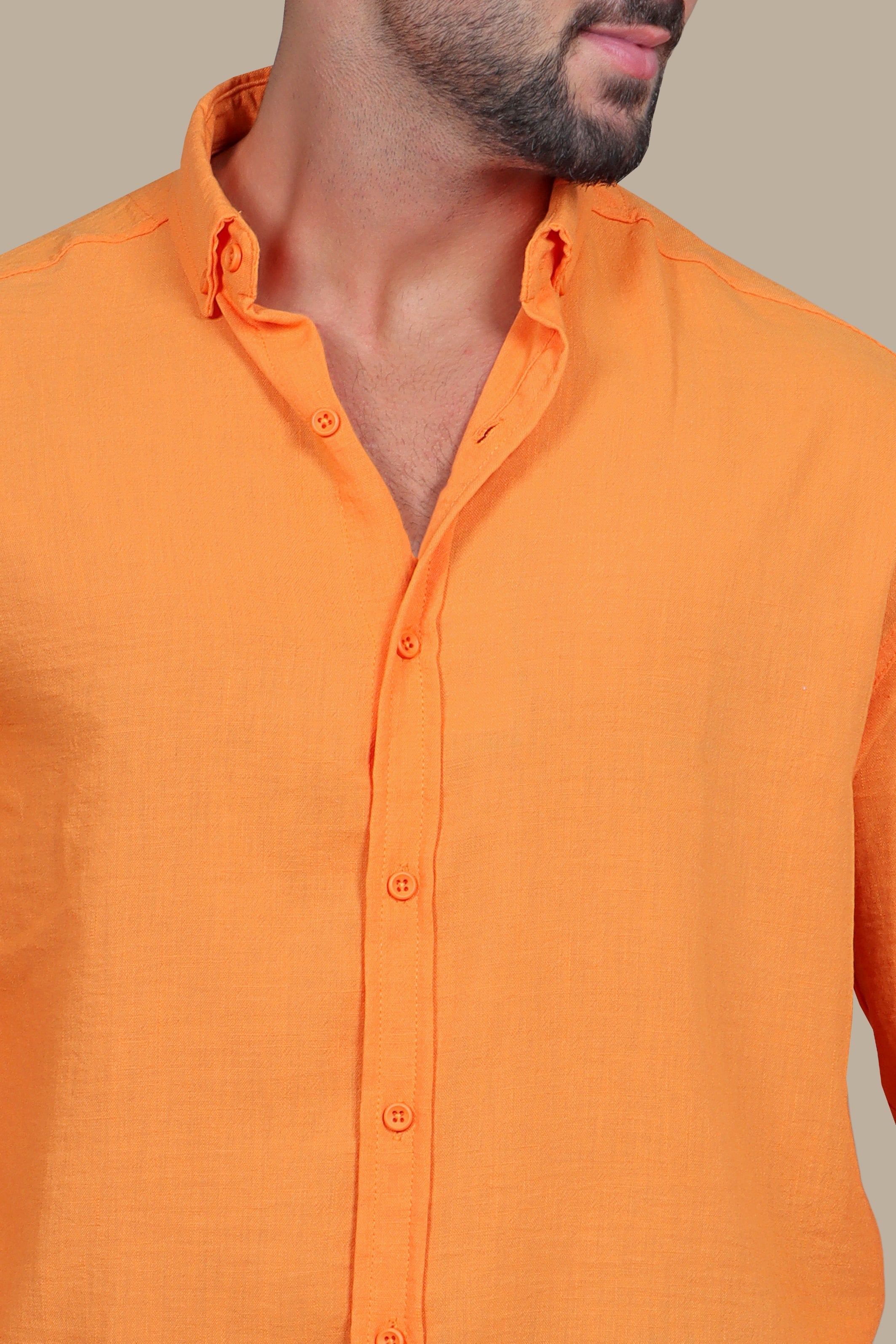 Orange Plain Button Down Linen Shirt