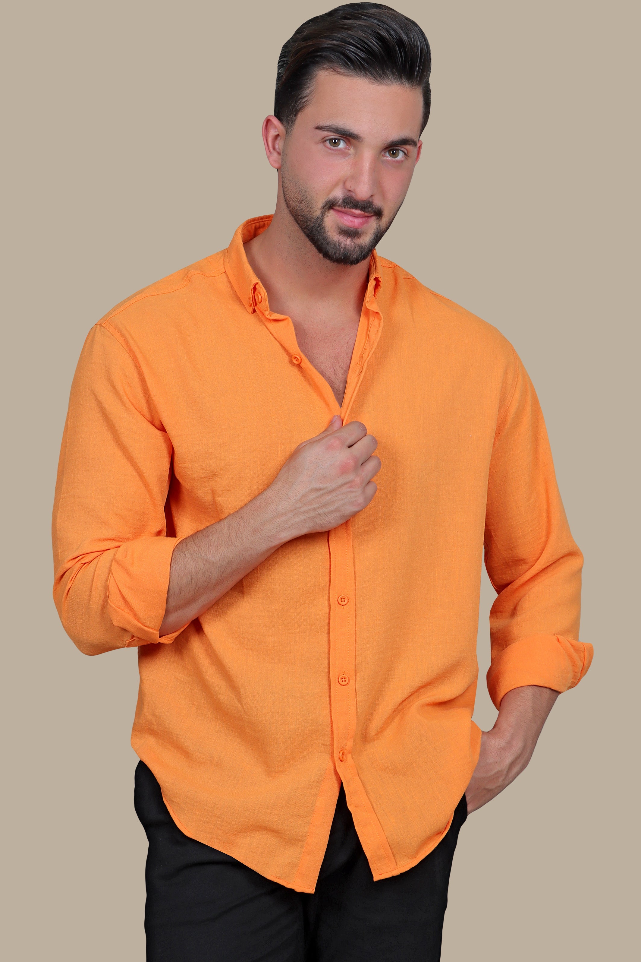 Orange Plain Button Down Linen Shirt