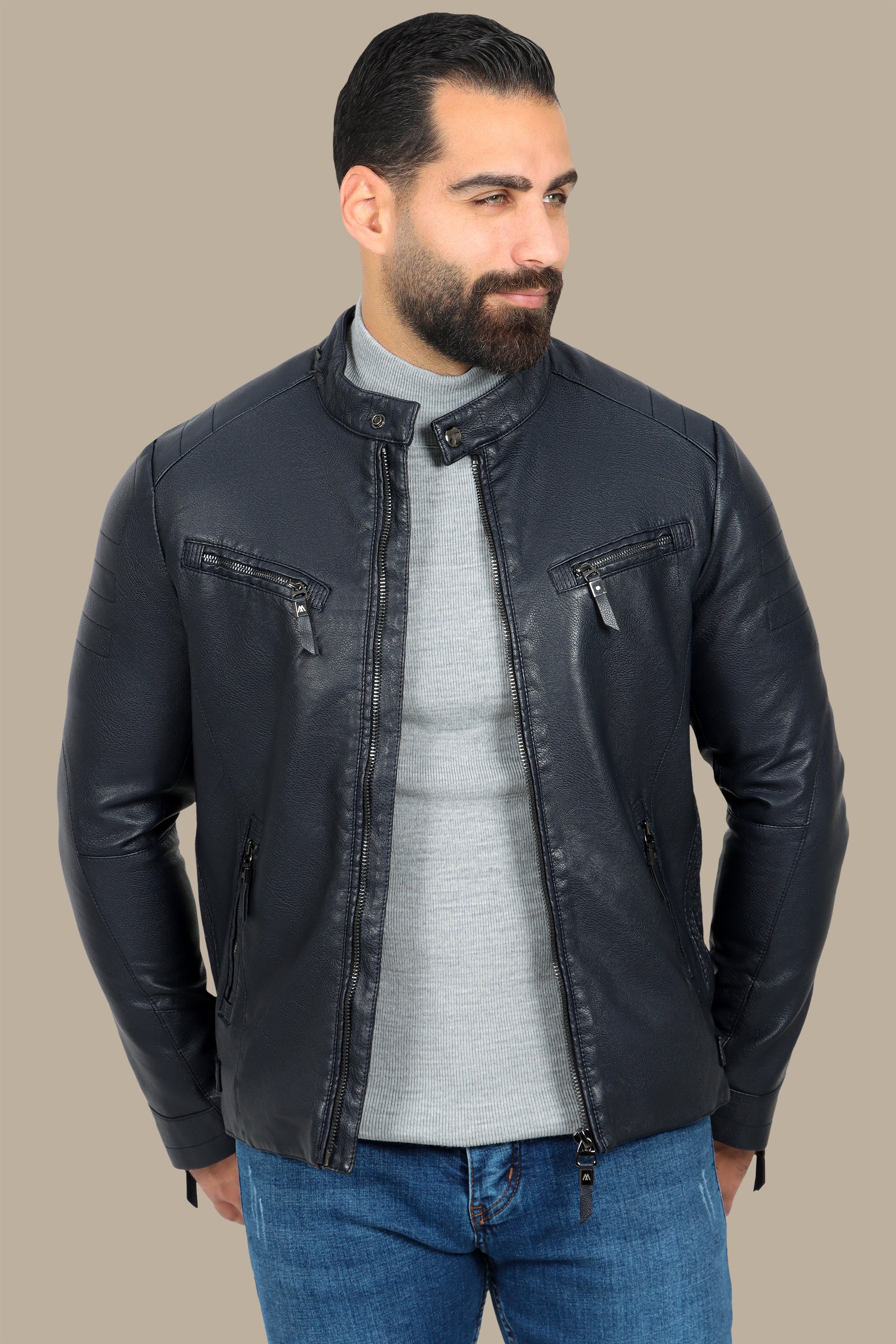 Navy Classic Leather Jacket with 4 Zippers