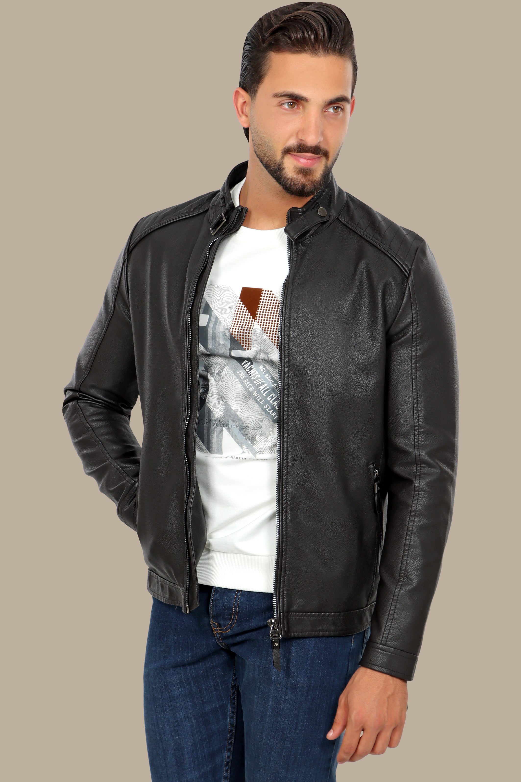 Jacket Faux Leather Col Mao with Buckle | Brown