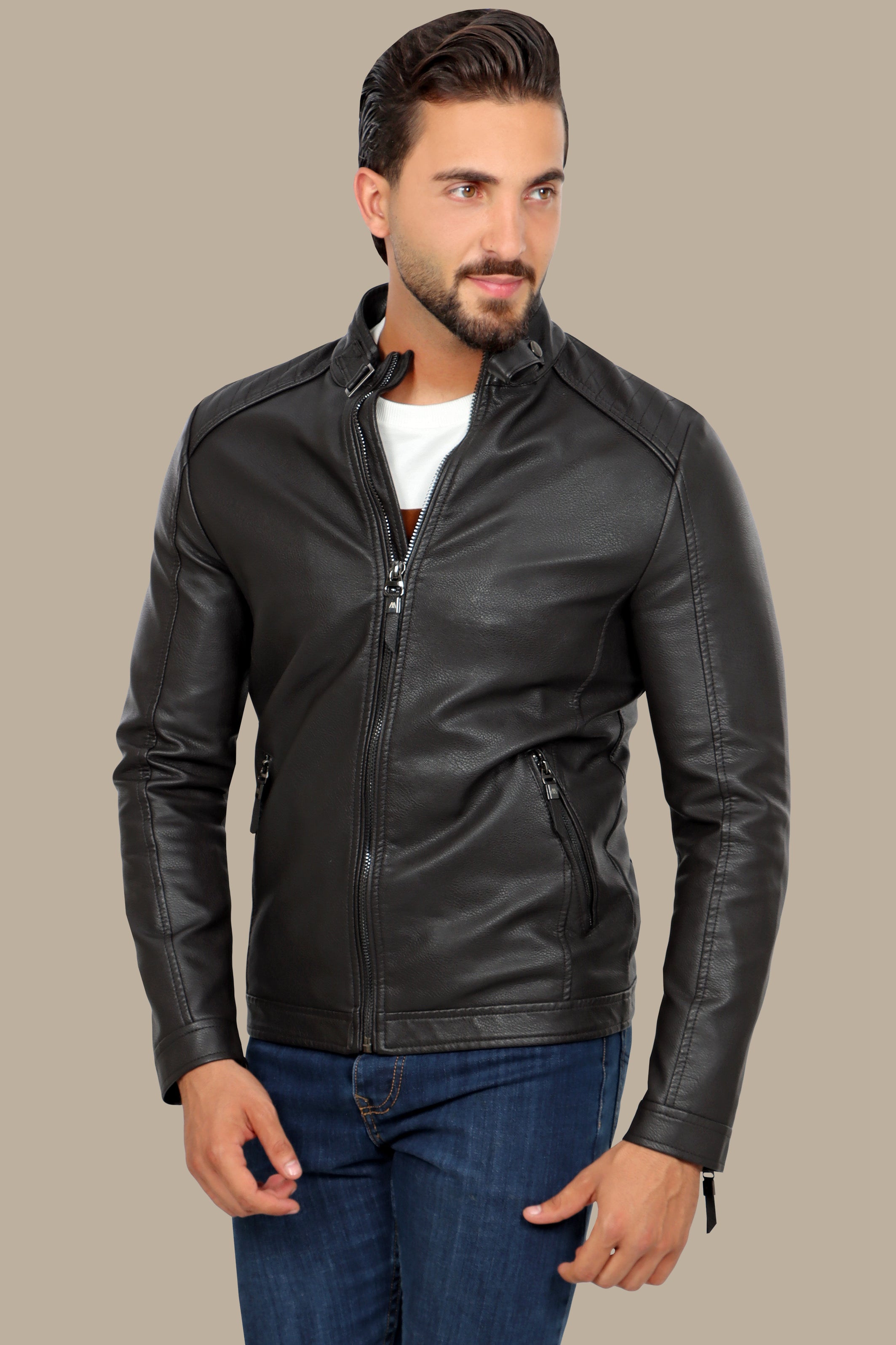 Jacket Faux Leather Col Mao with Buckle | Brown