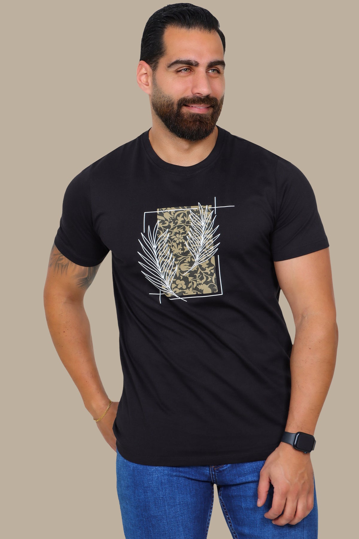 Printed Leaves Round Neck T-Shirt