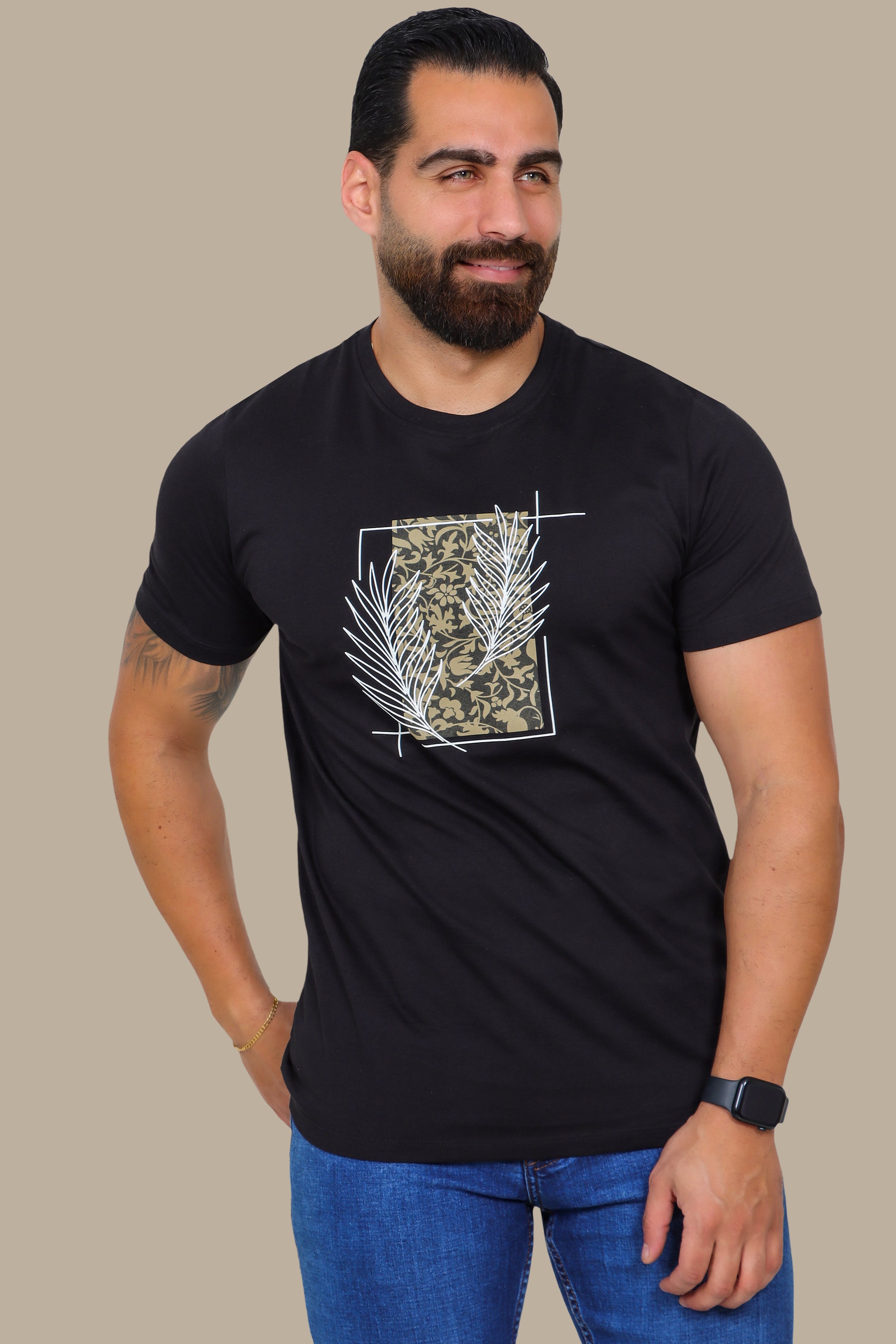 Black Printed Leaves T-Shirt