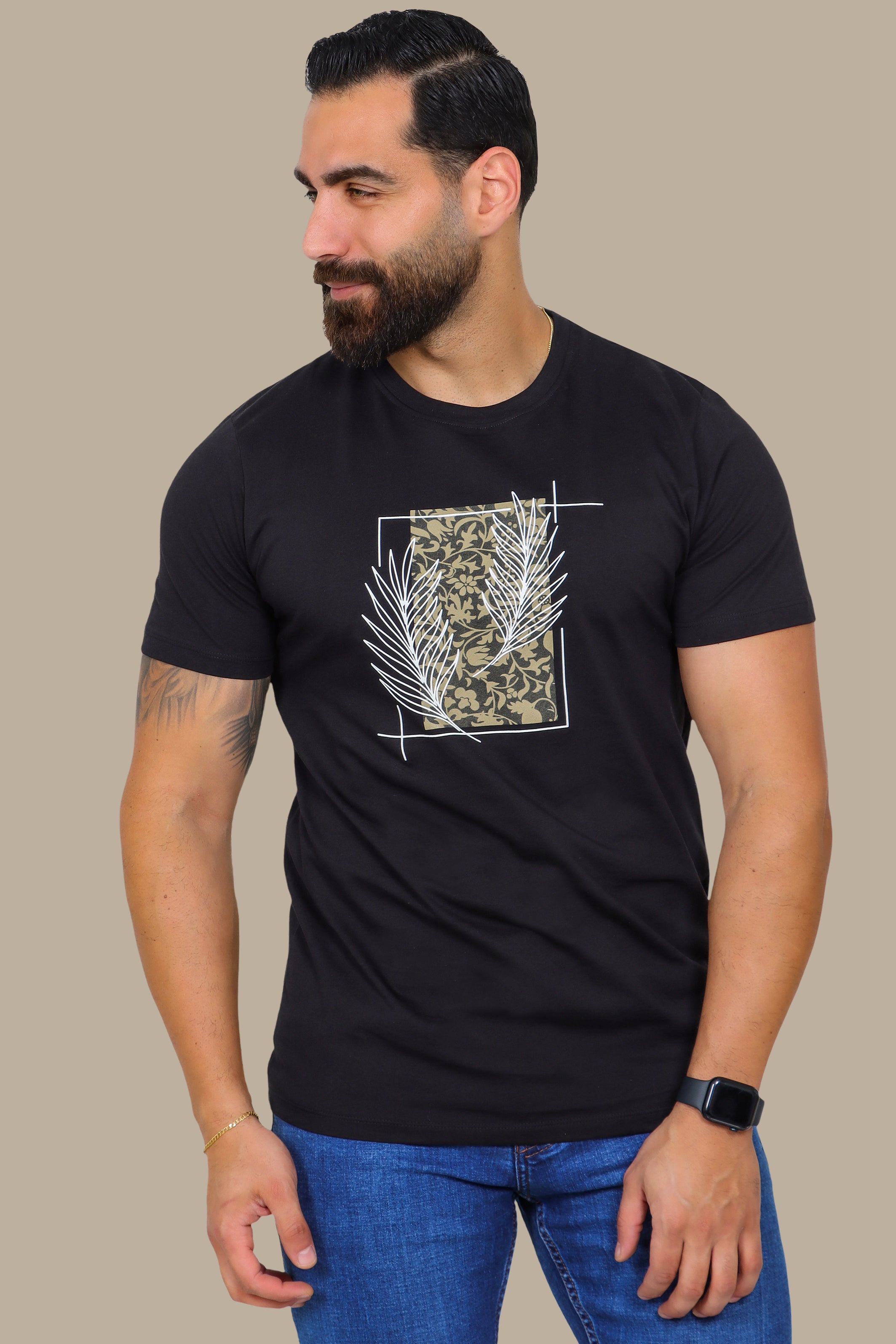 Black Printed Leaves T-Shirt