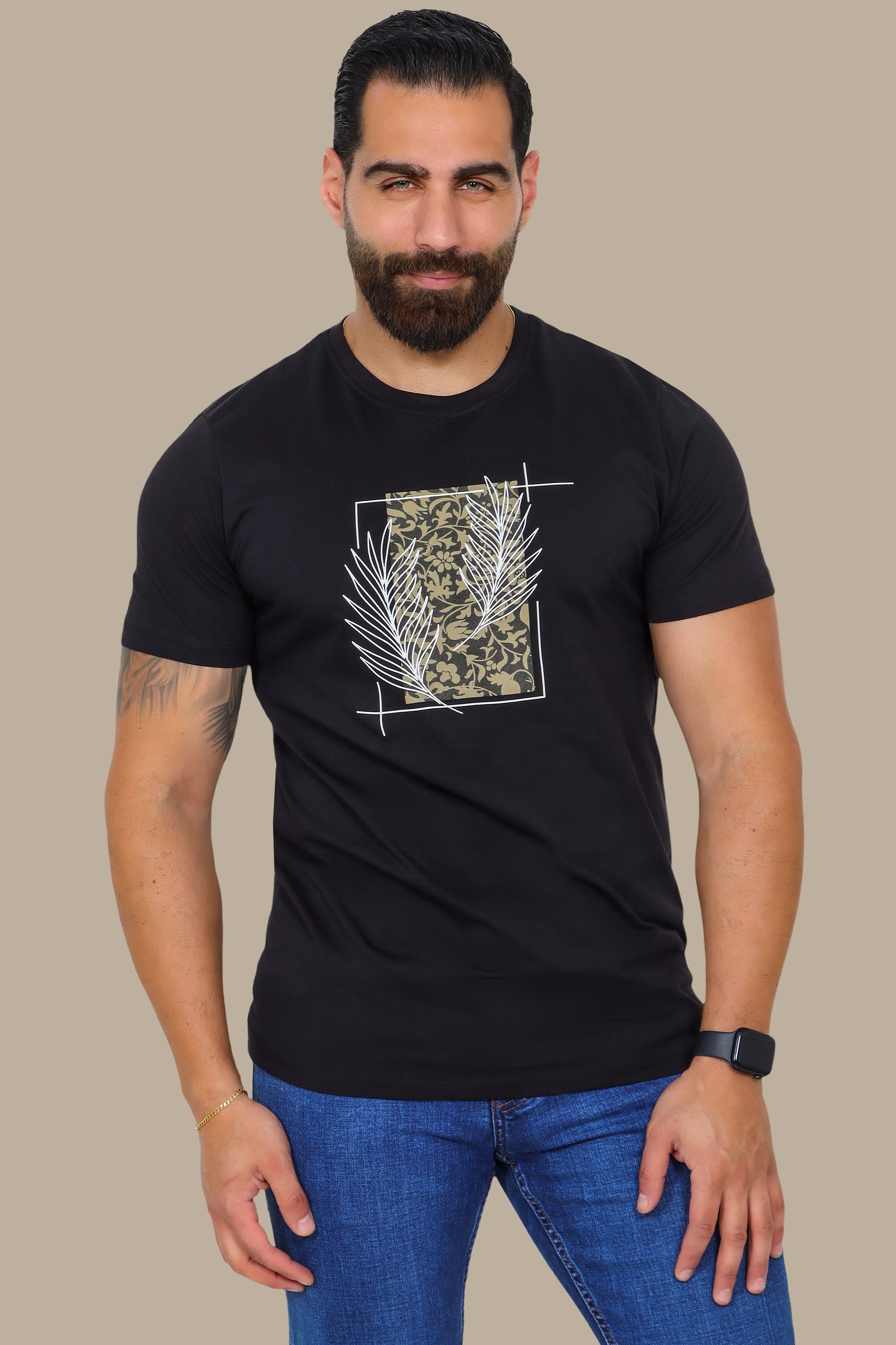 Black Printed Leaves T-Shirt