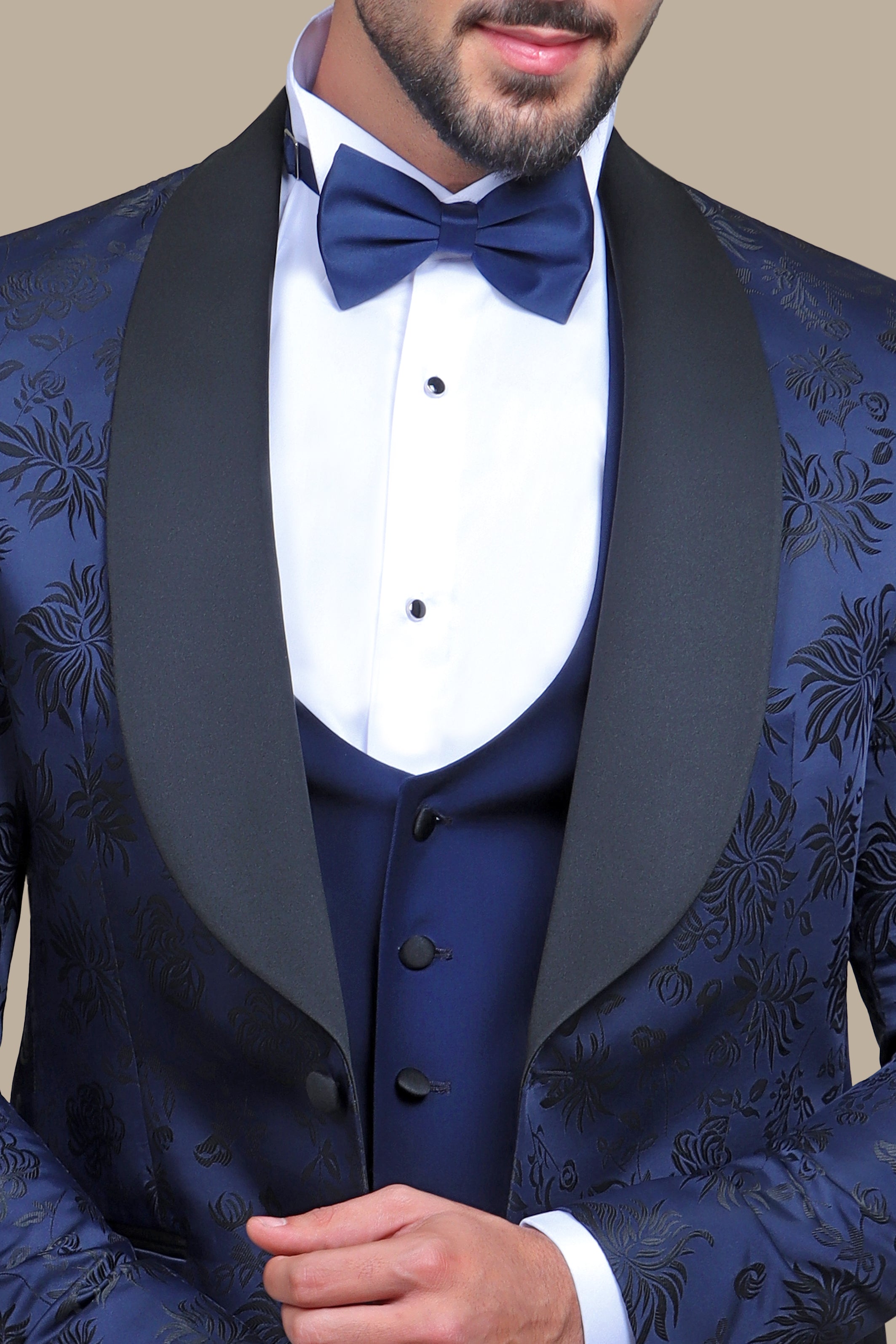 Floral Fusion: FV Tuxedo with Blue & Black Printed Col Chale