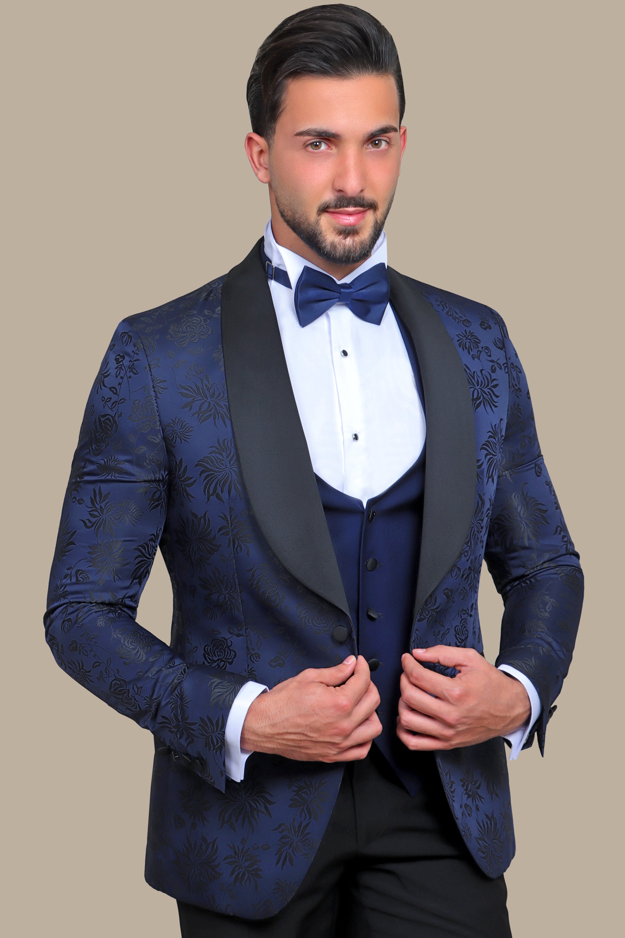 Floral Fusion: FV Tuxedo with Blue & Black Printed Col Chale