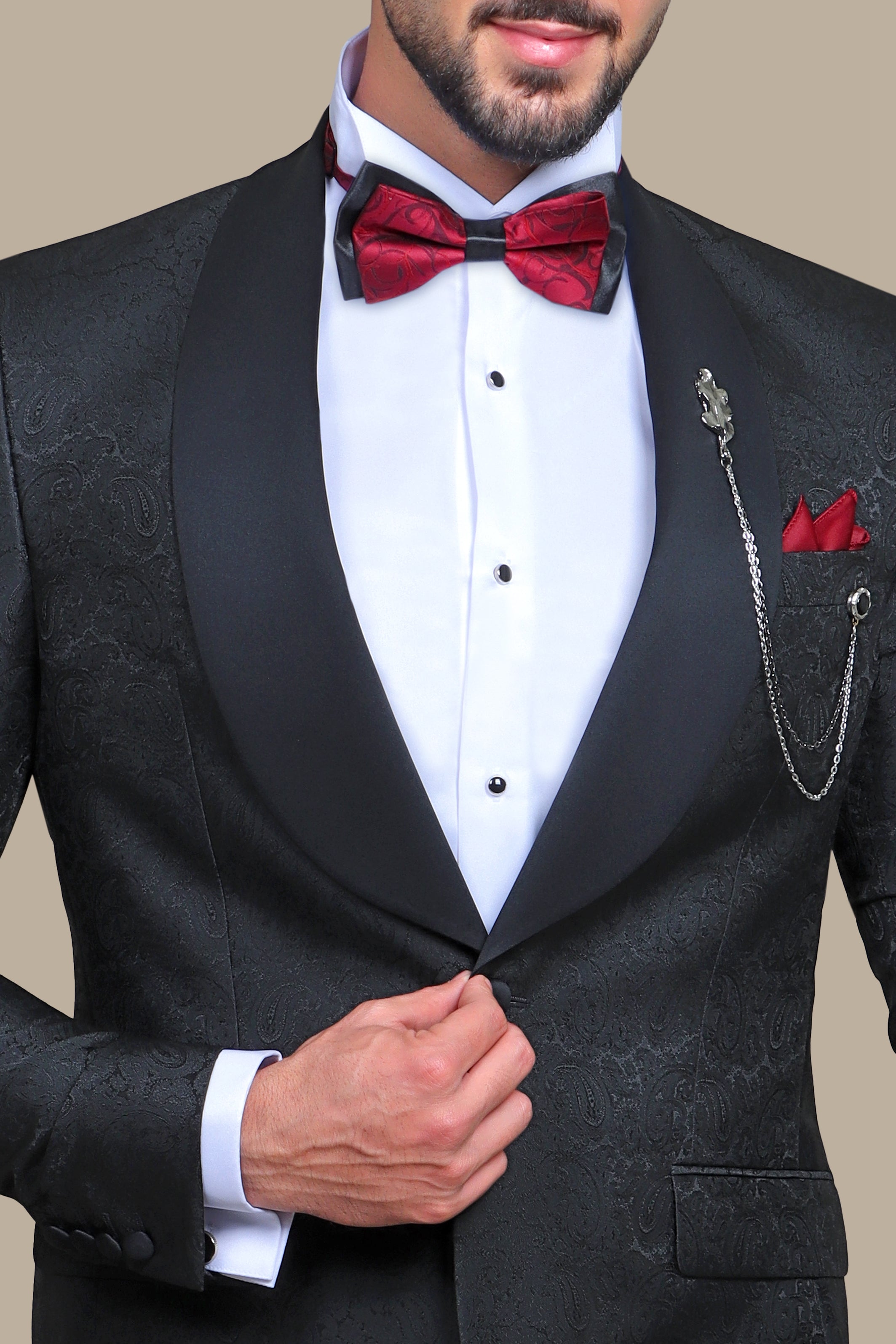 Midnight Paisley Elegance: Tuxedo FV with Wide Shawl Collar in Rich Black