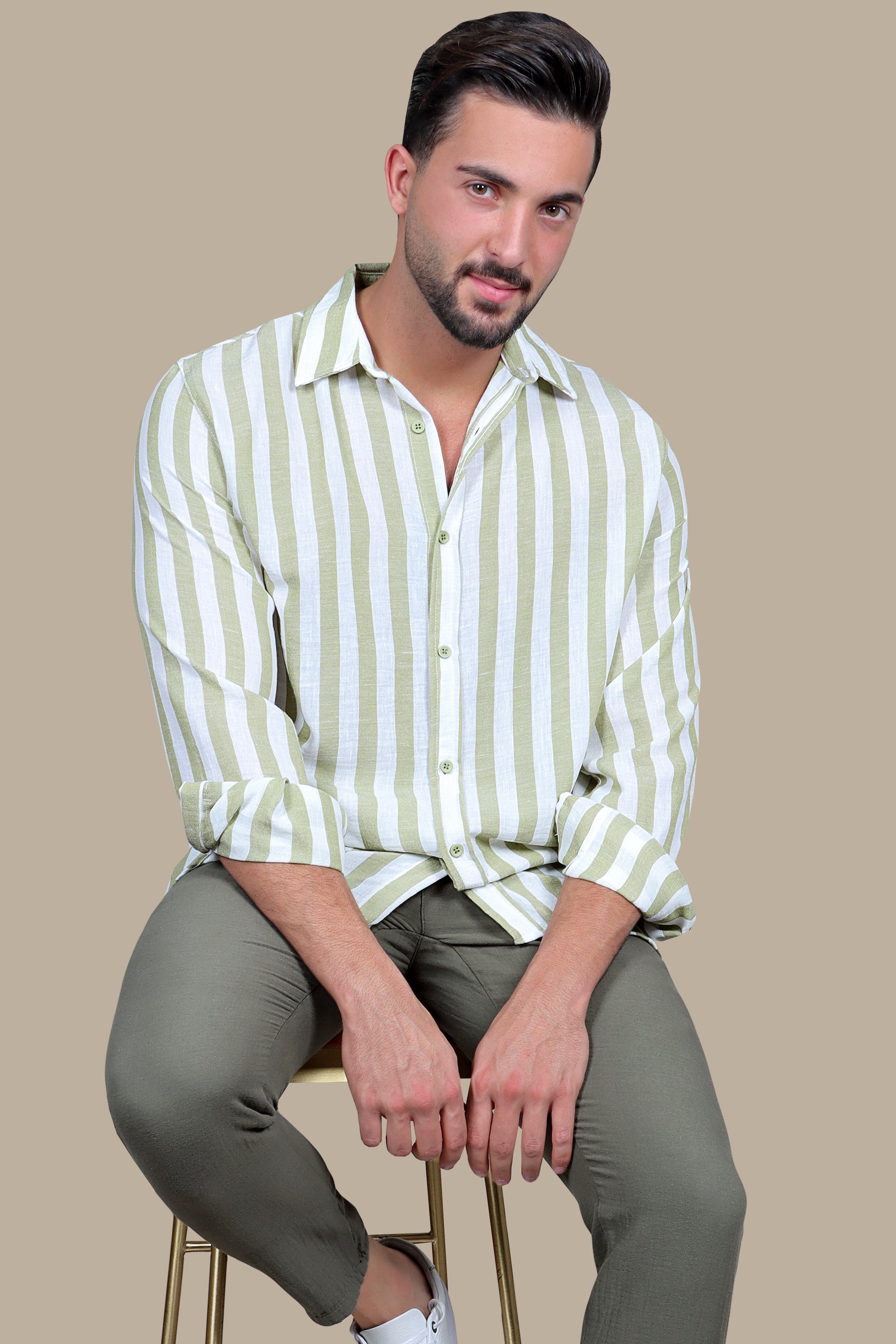 Olive Oasis: Stylish Striped Linen Shirt