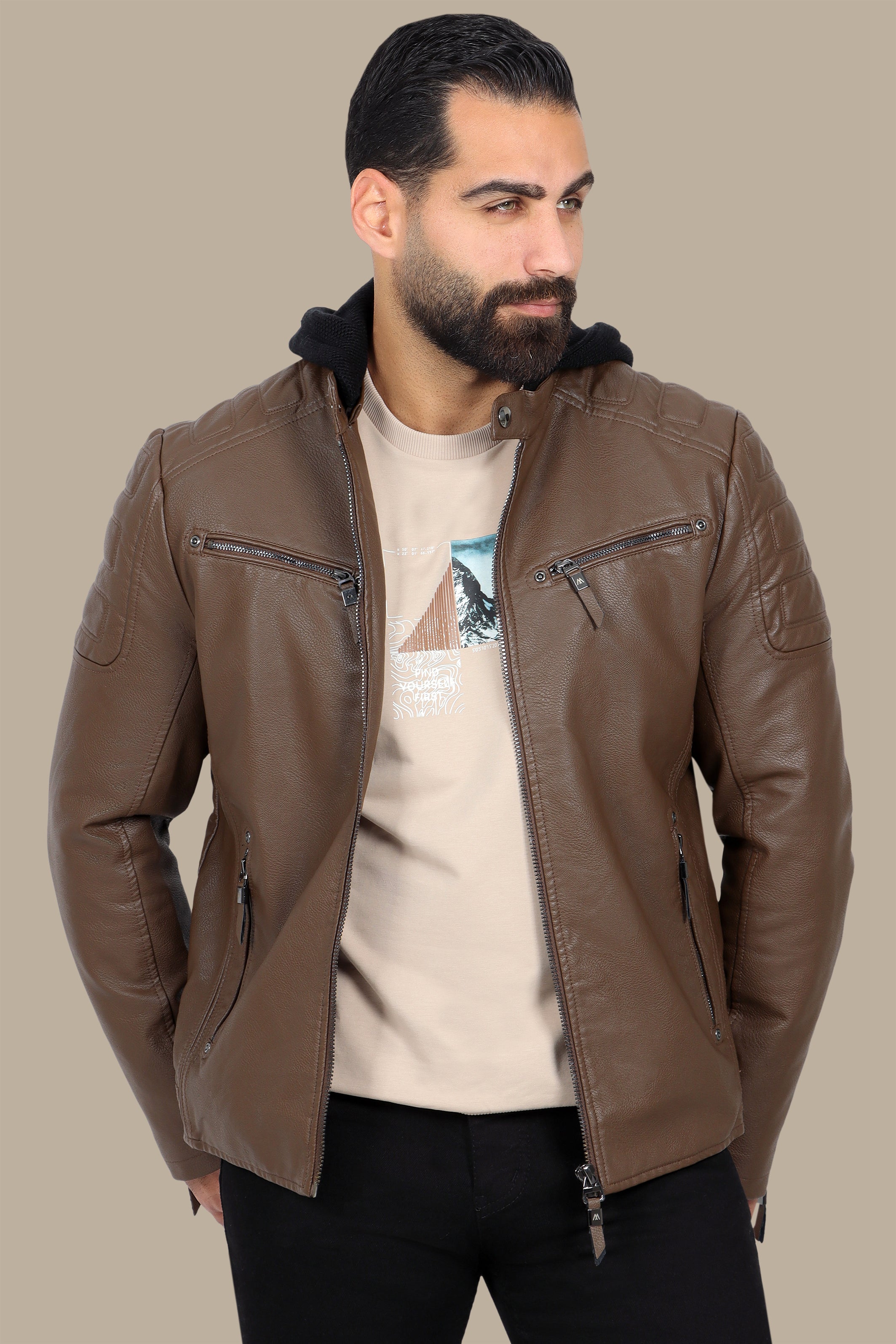 Faux Leather Rider Jacket with Detachable Hoodie in Camel