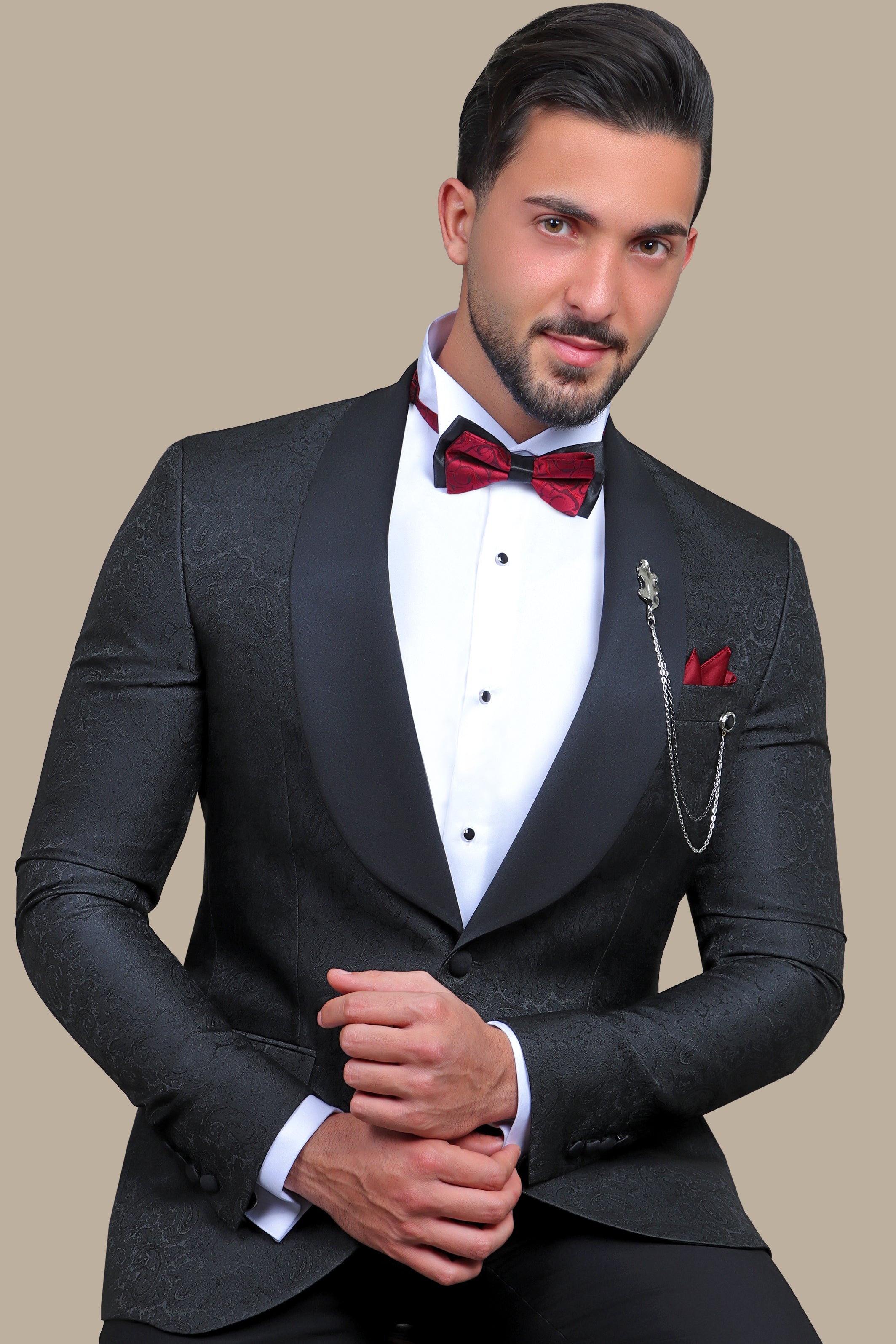 Midnight Paisley Elegance: Tuxedo FV with Wide Shawl Collar in Rich Black