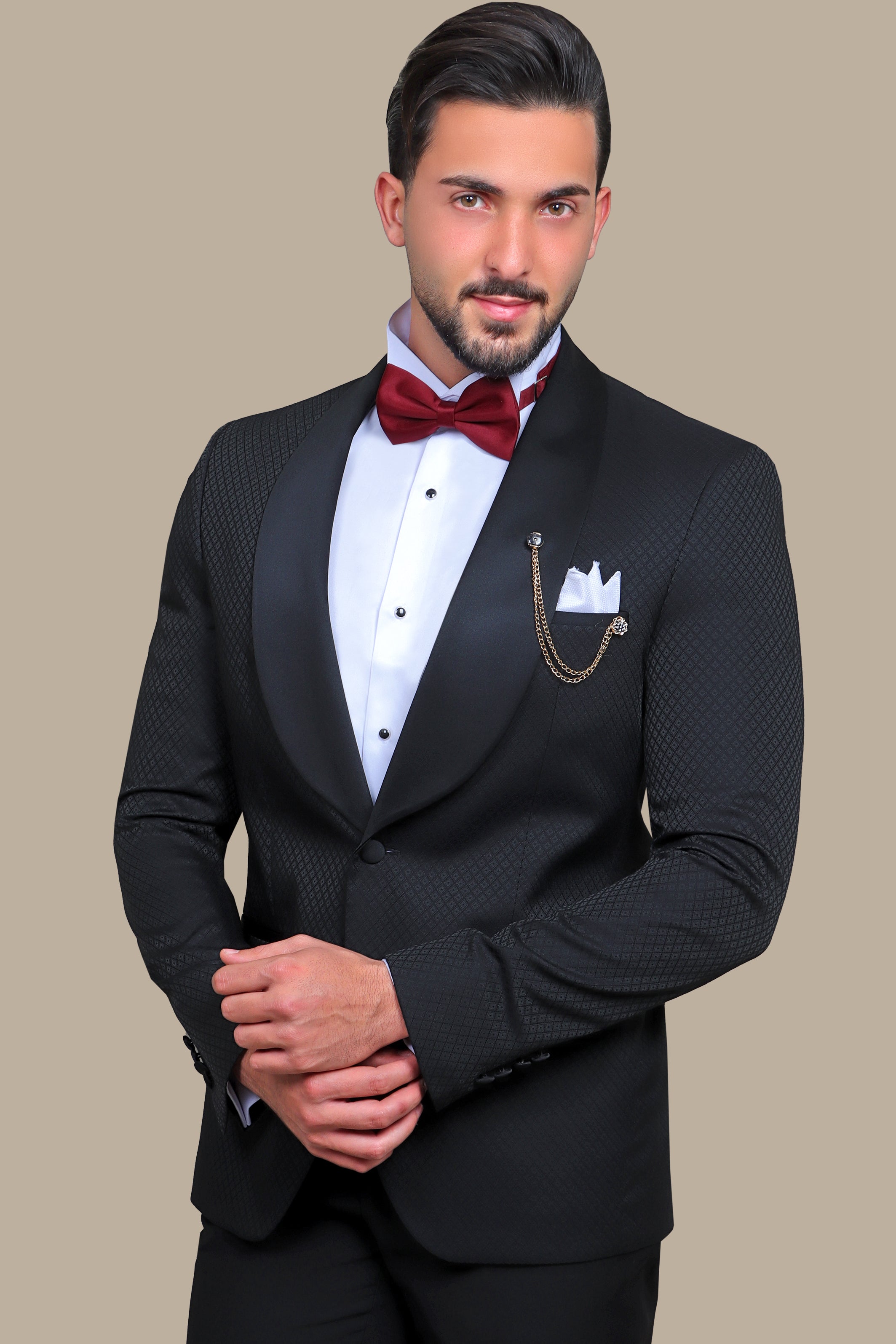 Timeless Opulence: Special FV Collection 3-Piece Black Tie Tuxedo with Distinctive Pattern