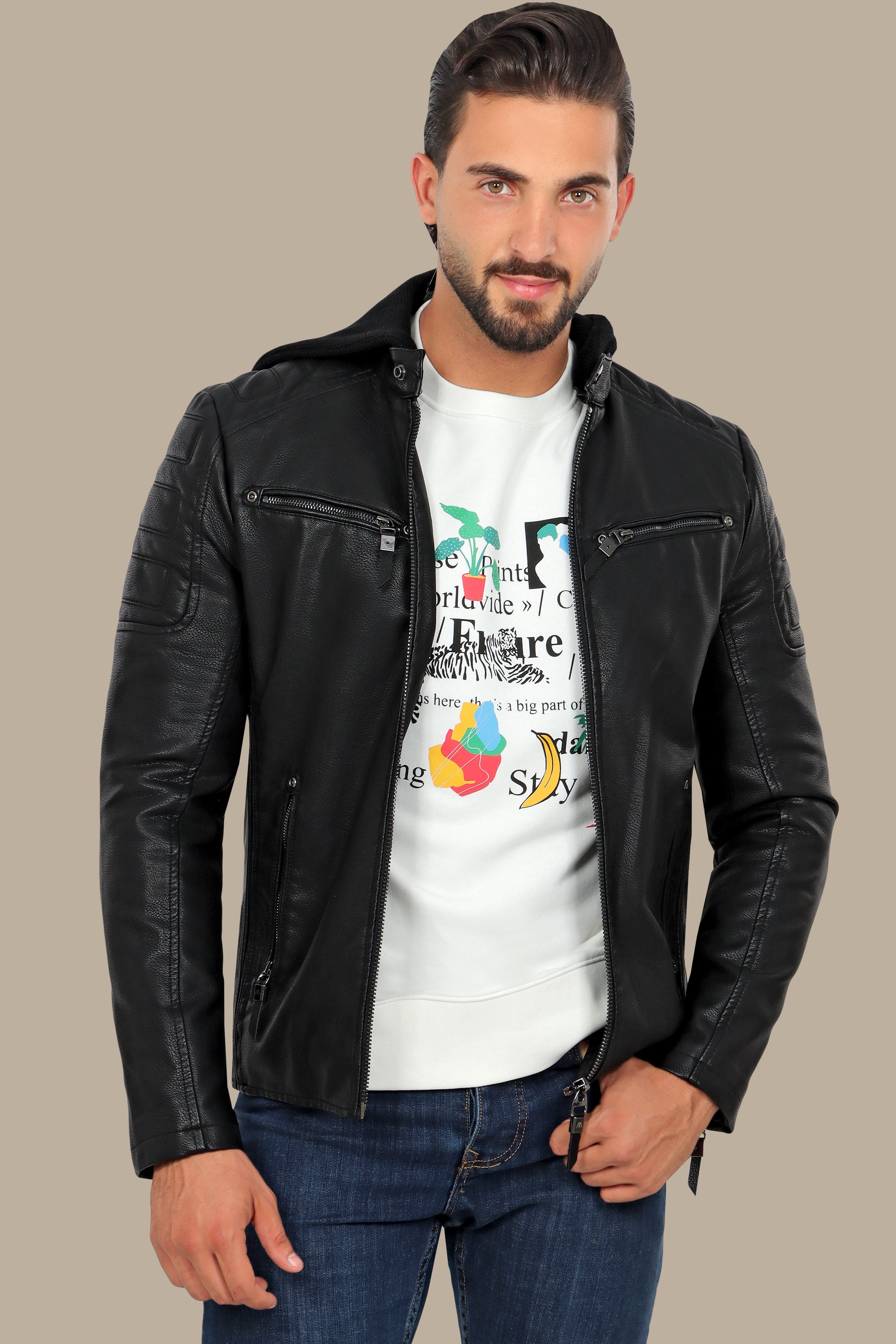 Black Faux Leather Rider Jacket with Detachable Hoodie