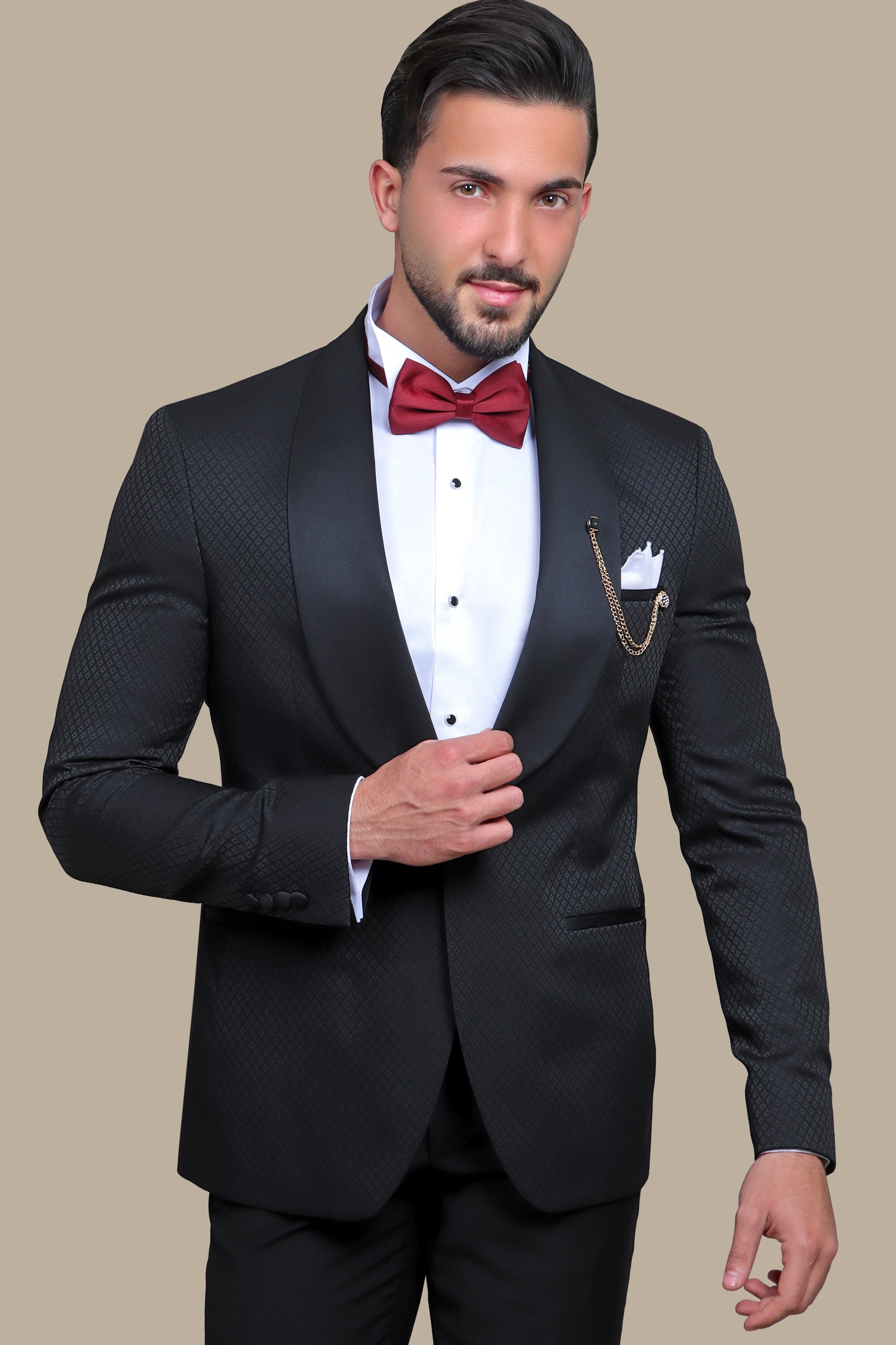 Timeless Opulence: Special FV Collection 3-Piece Black Tie Tuxedo with Distinctive Pattern