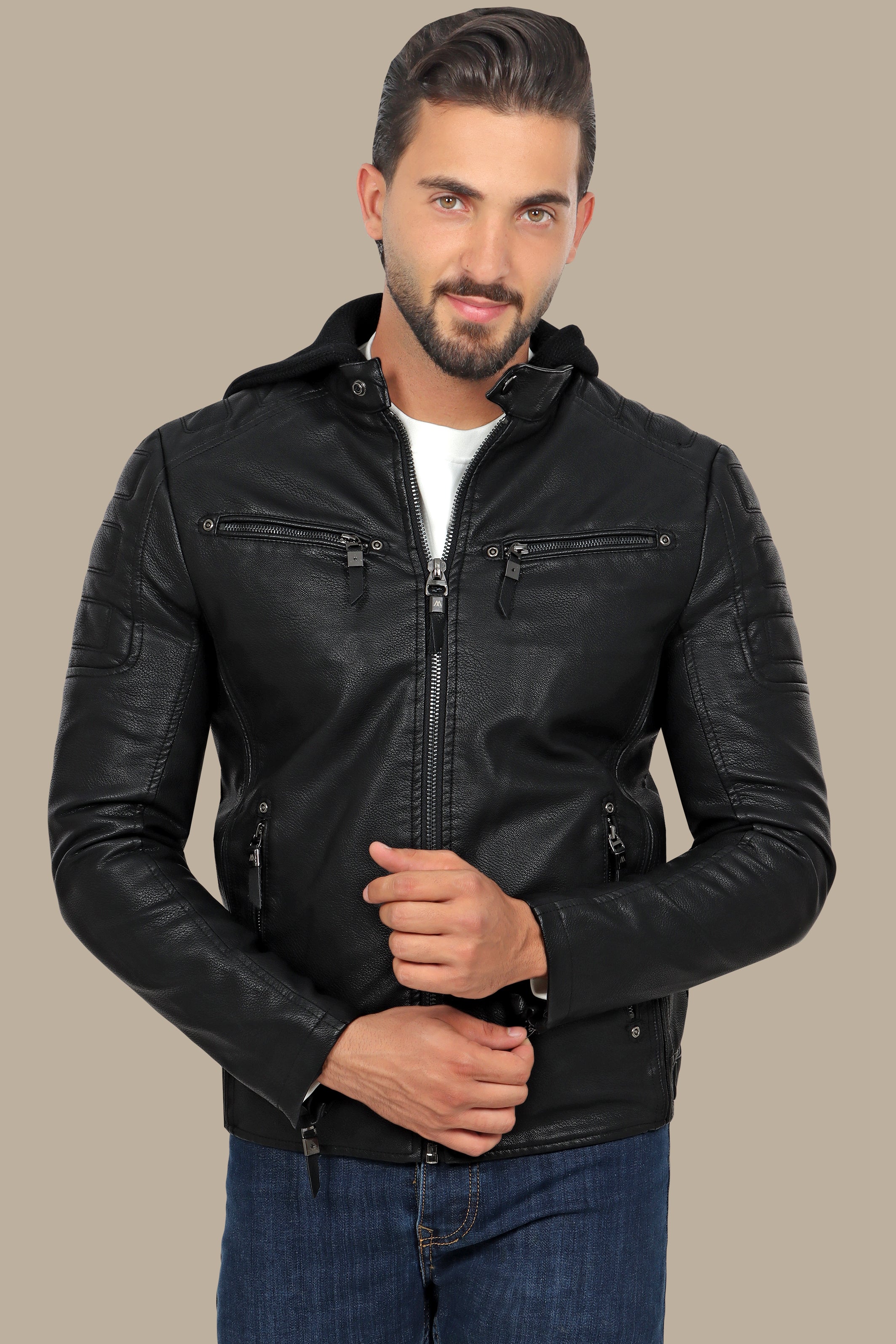 Black Faux Leather Rider Jacket with Detachable Hoodie