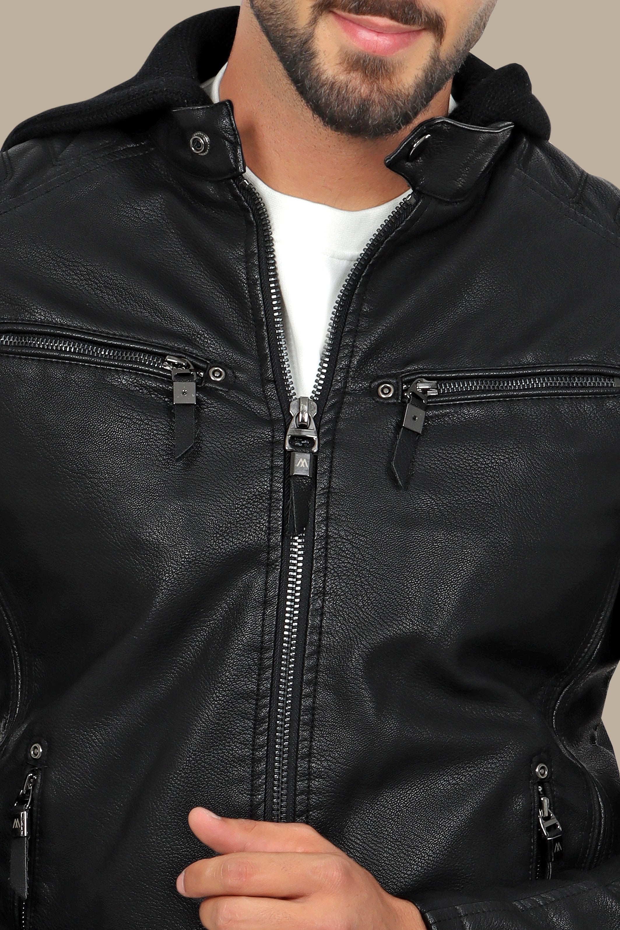 Black Faux Leather Rider Jacket with Detachable Hoodie