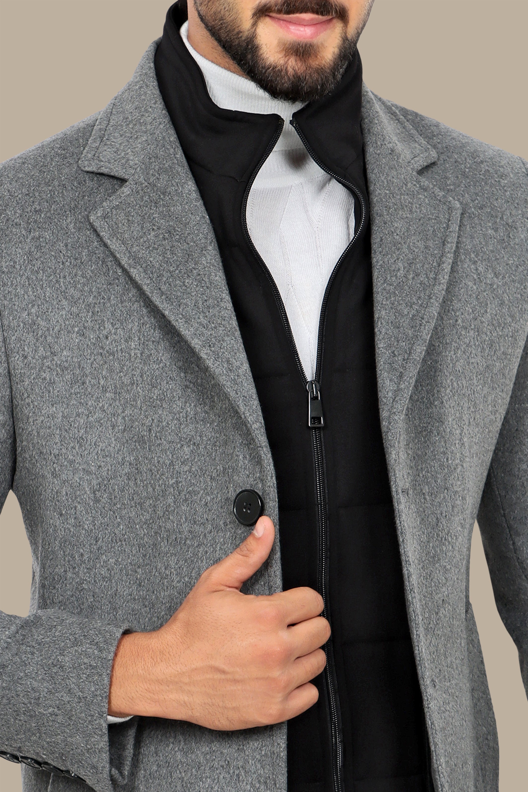 Grey Basic Coat with Detachable Collar