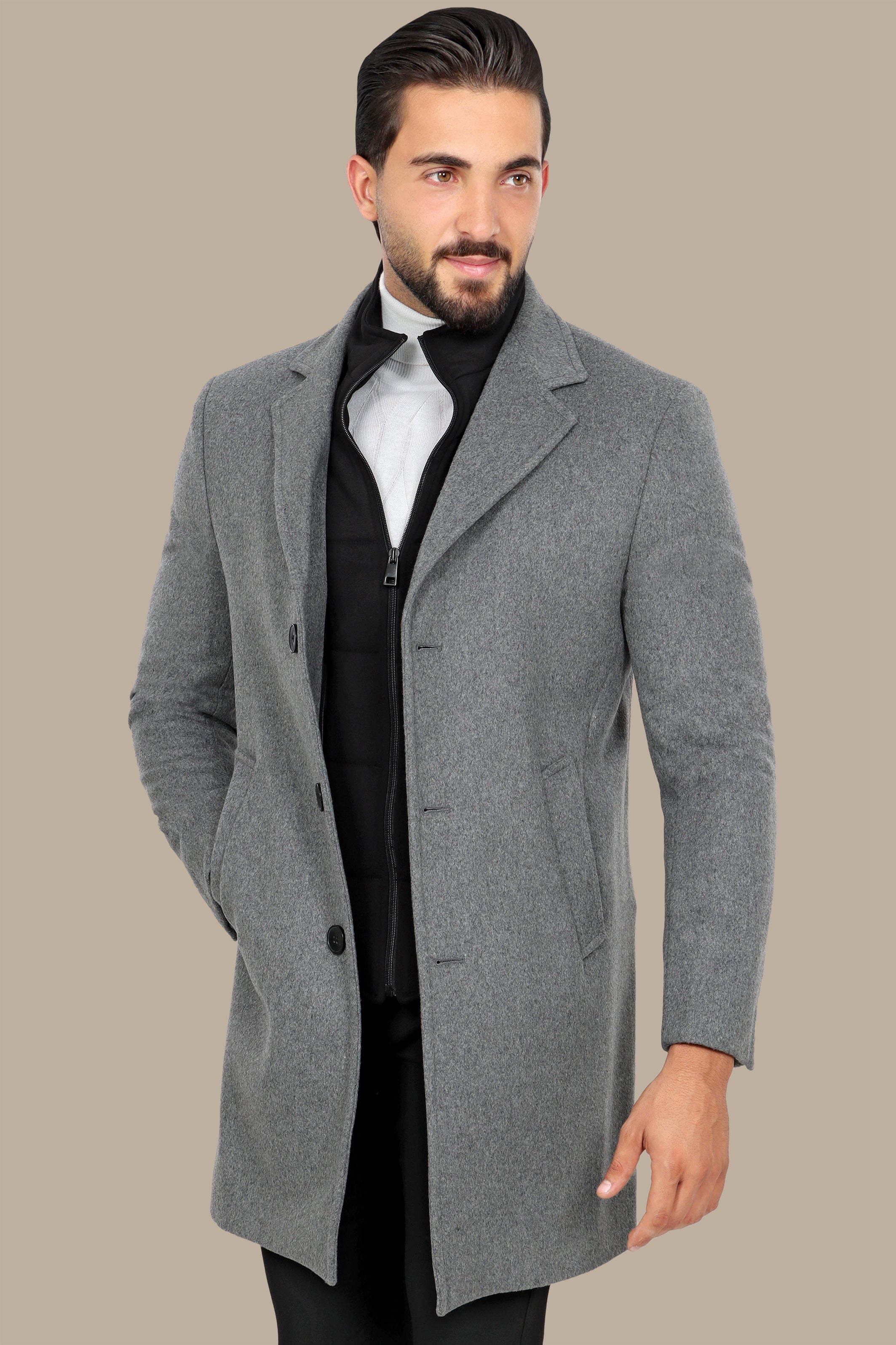 Grey Basic Coat with Detachable Collar