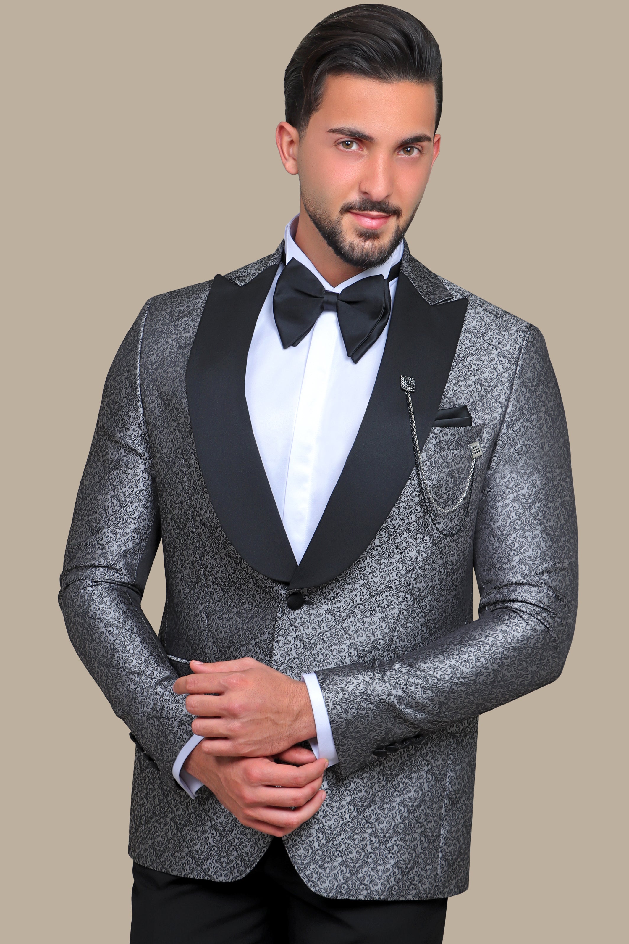 Opulent Elegance Silver Tuxedo with Curved Peak Leaves Print