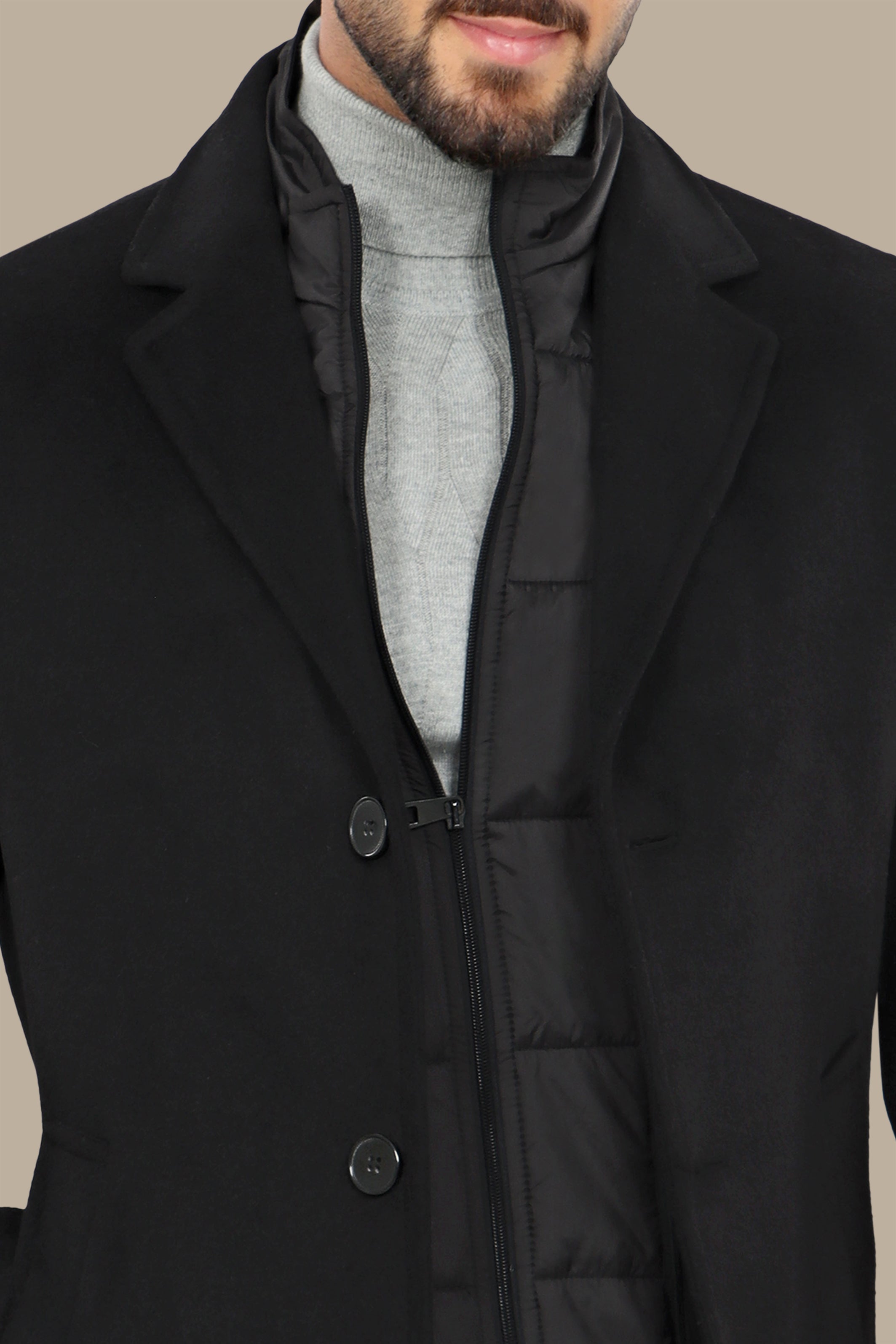 Black Basic Coat with Detachable Collar