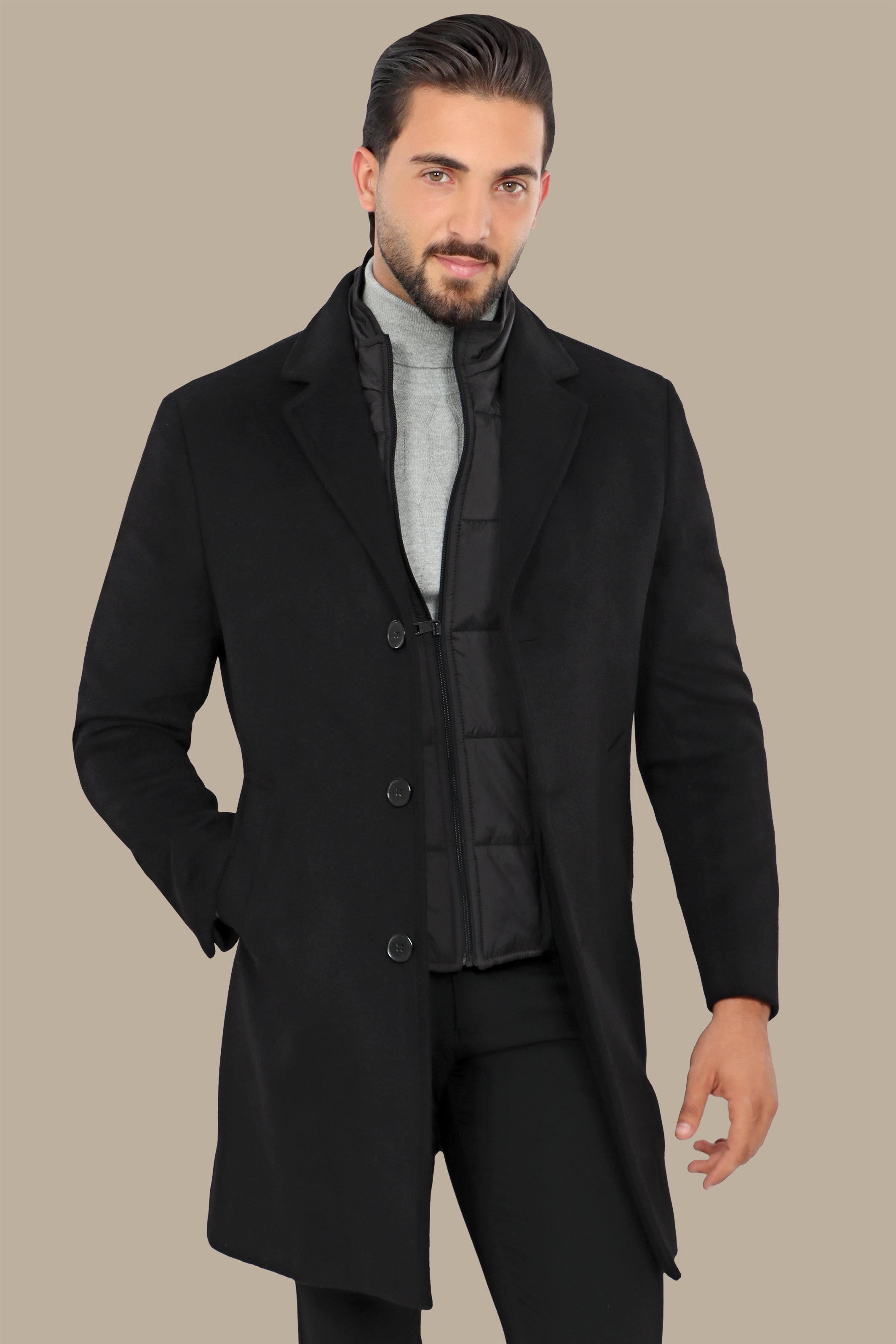 Black Basic Coat with Detachable Collar