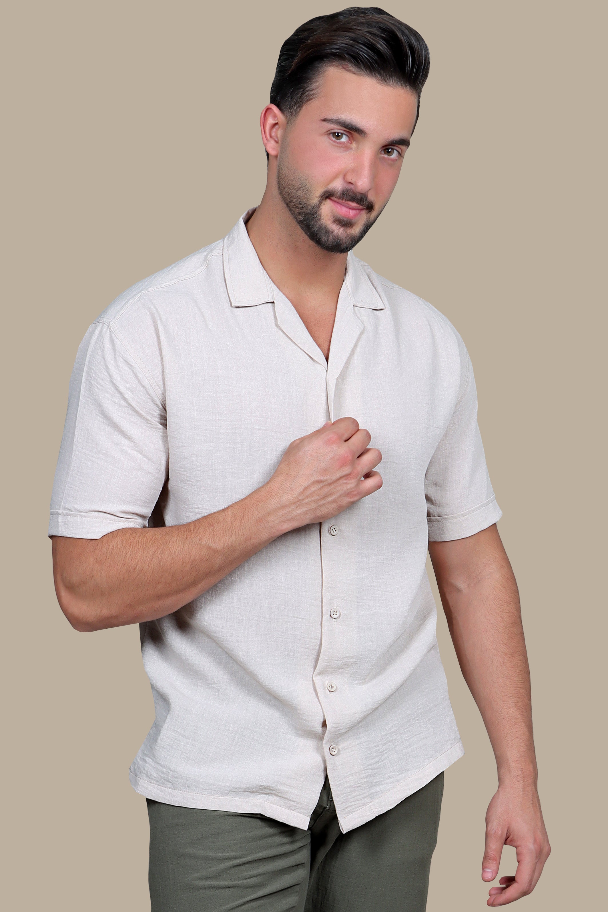 Simplicity in Sand: Beige Linen Short Sleeve Shirt