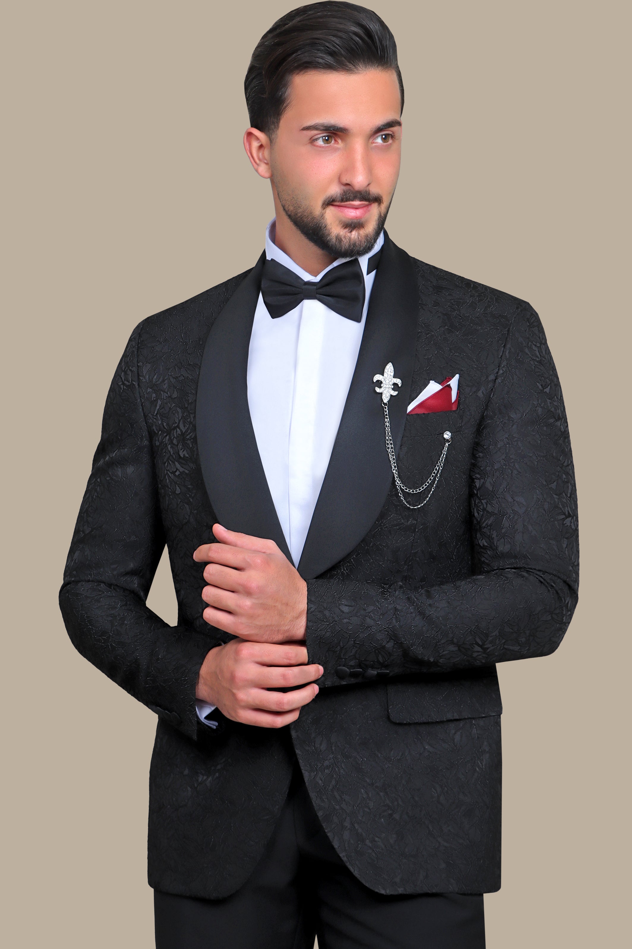 Revolt in Noir: Tuxedo Rebellion - Wide Collar Black Jacquard Leaves