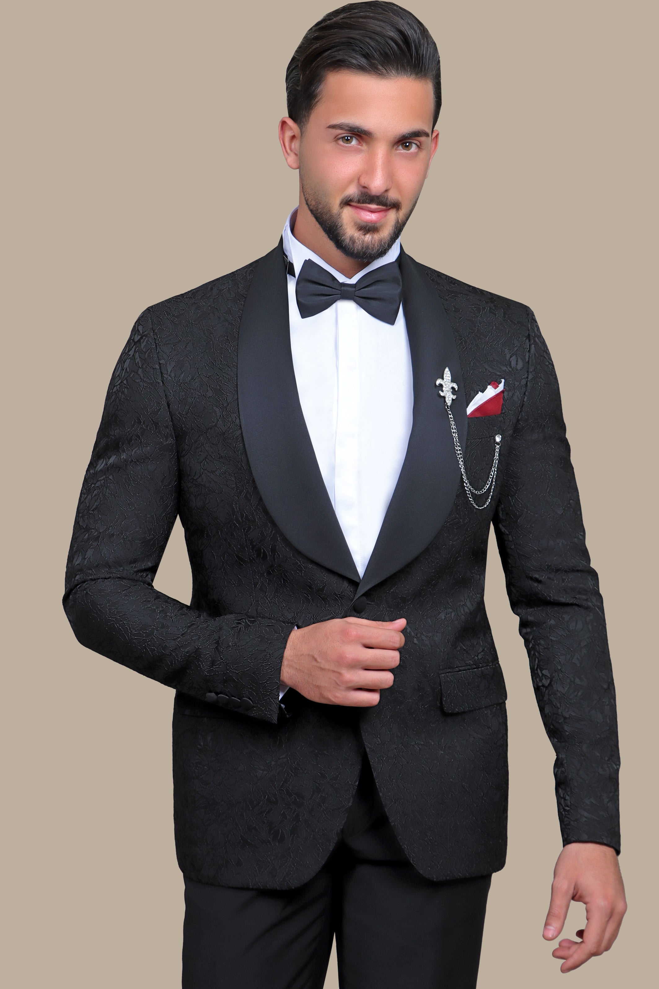 Revolt in Noir: Tuxedo Rebellion - Wide Collar Black Jacquard Leaves