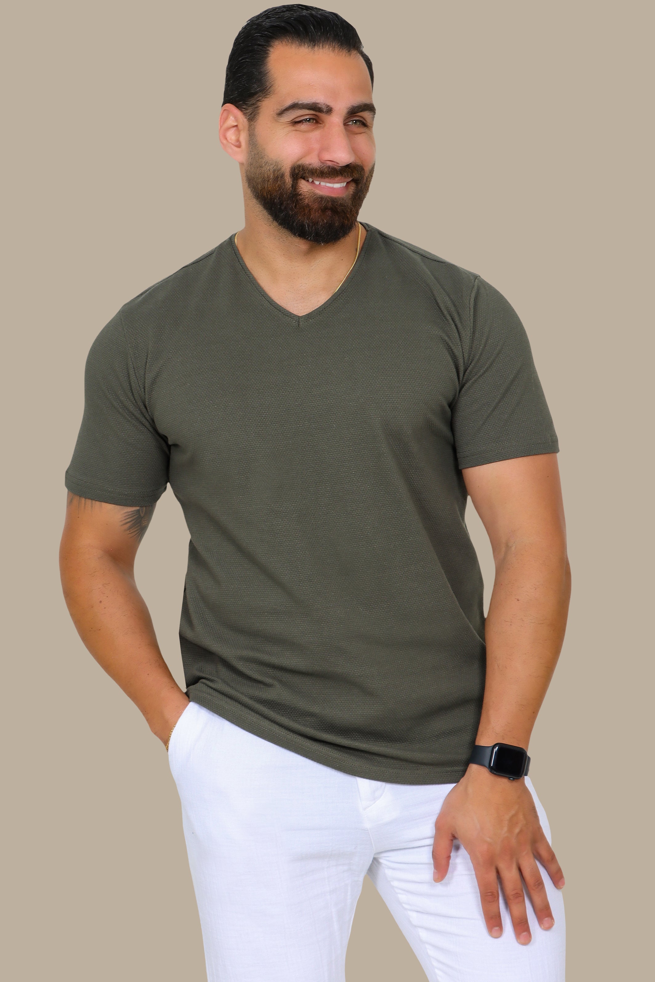 Khaki V-Neck T-Shirt with Bubble Pattern