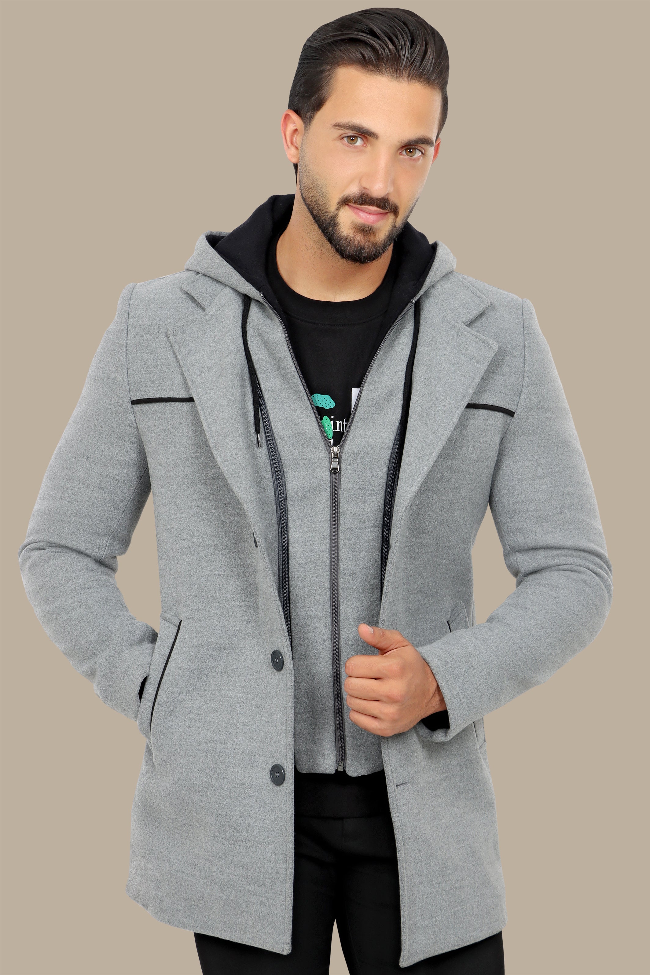 Light Grey Coat with Detachable Hoodie