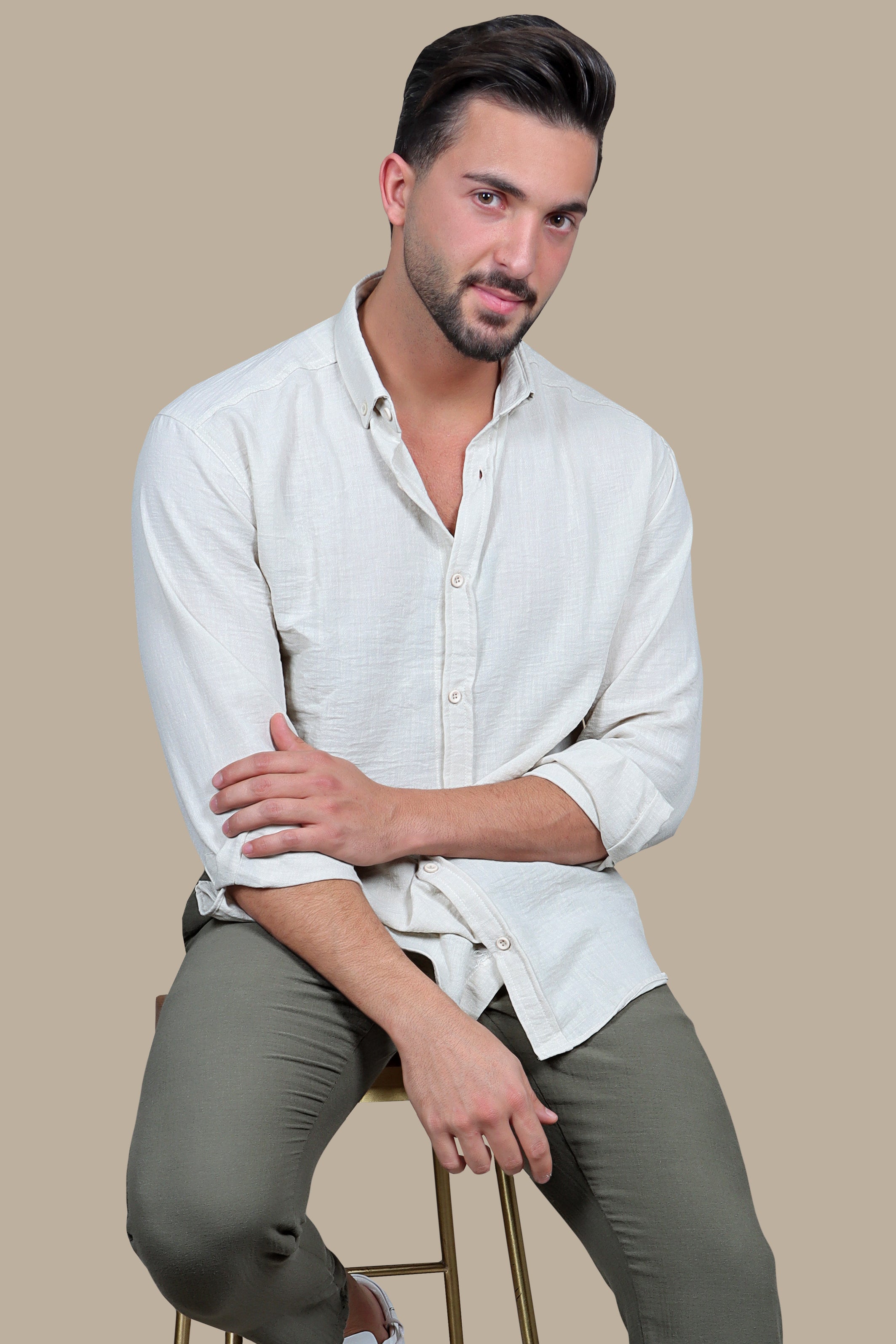 Timeless Elegance: Beige Linen Long Sleeve Button Down