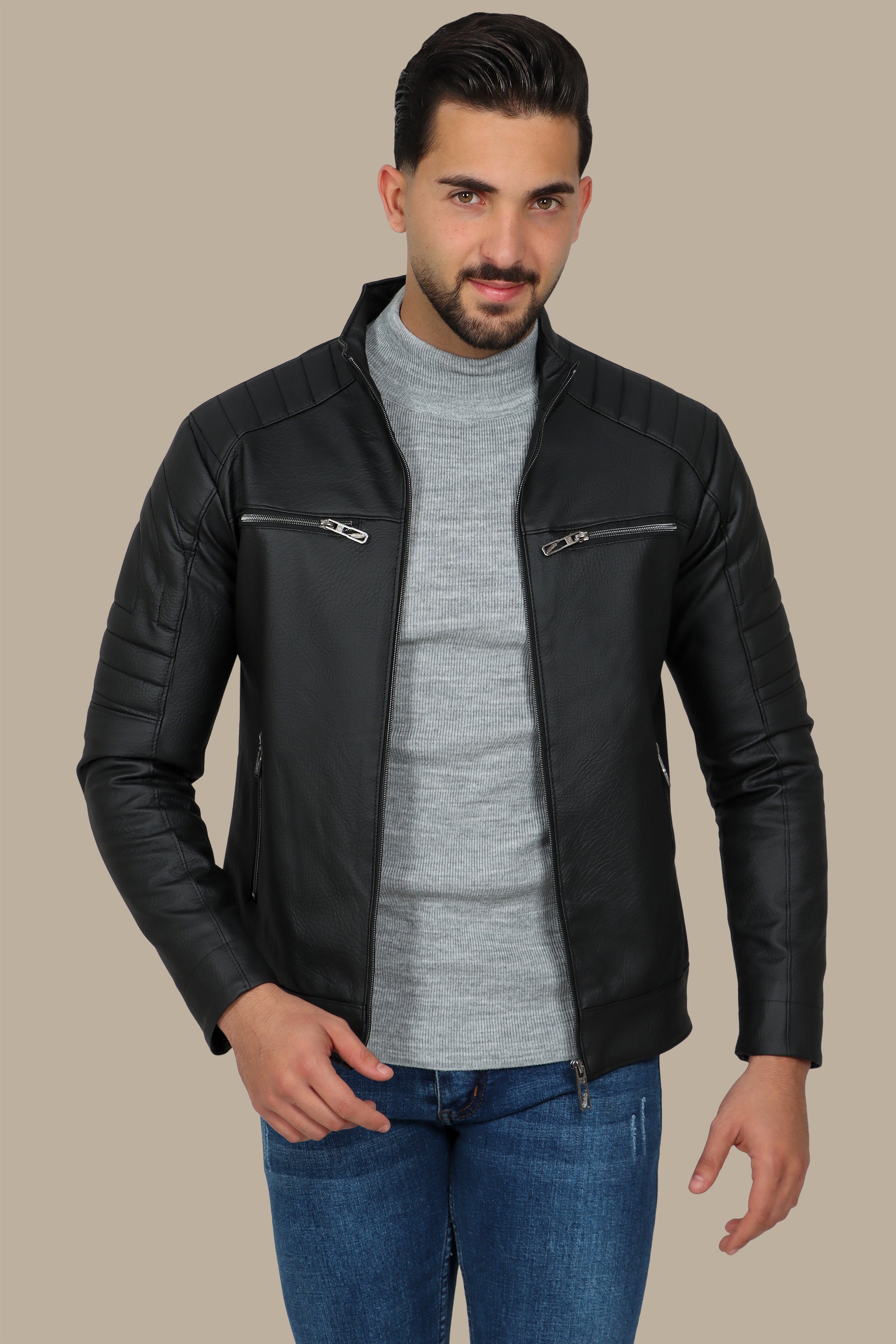 Black Leather Biker Jacket with Round Stitch and 4 Zippers