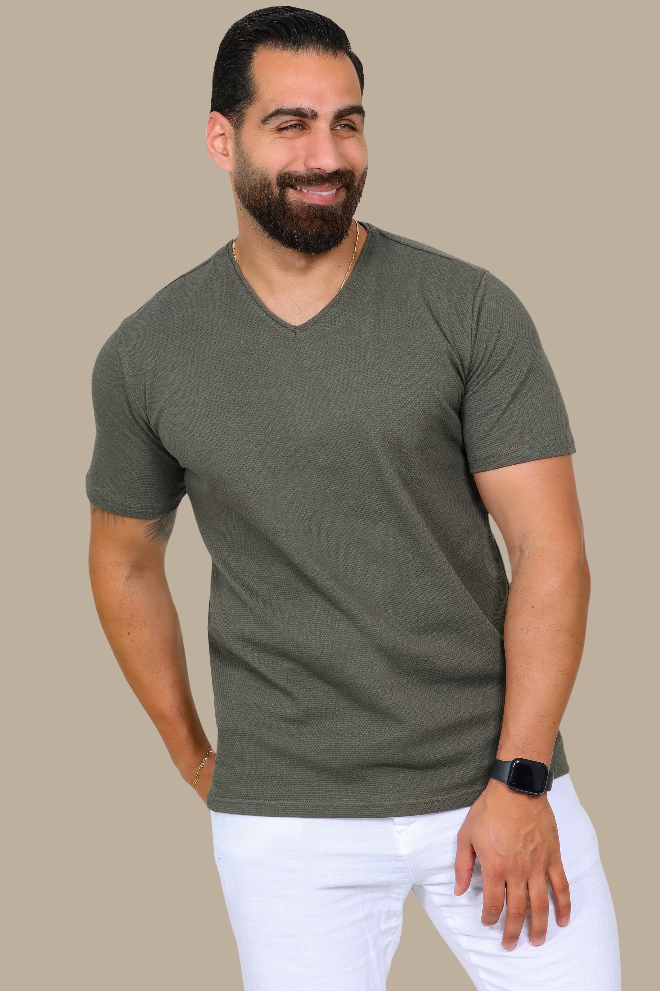 Khaki V-Neck T-Shirt with Bubble Pattern