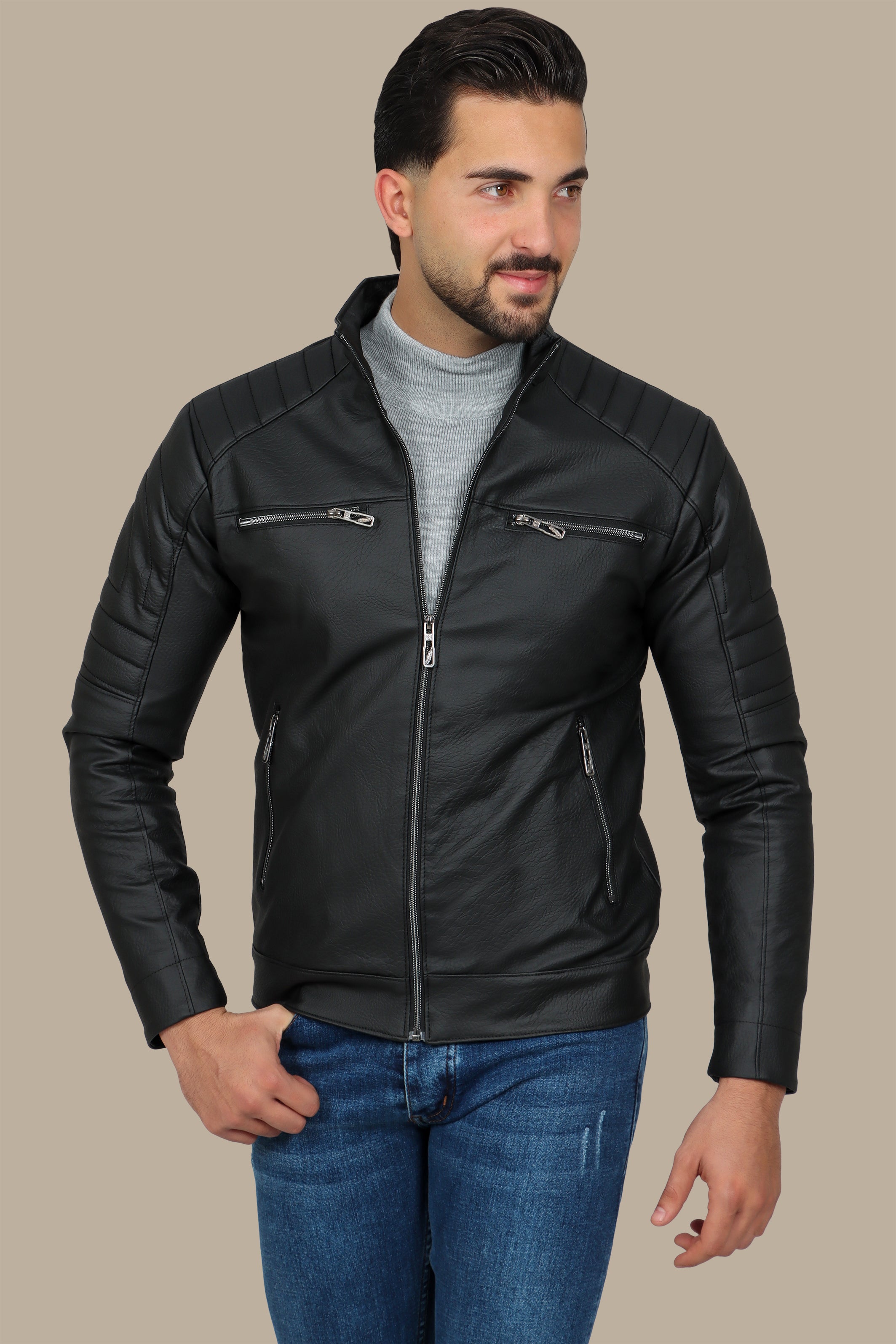 Black Leather Biker Jacket with Round Stitch and 4 Zippers