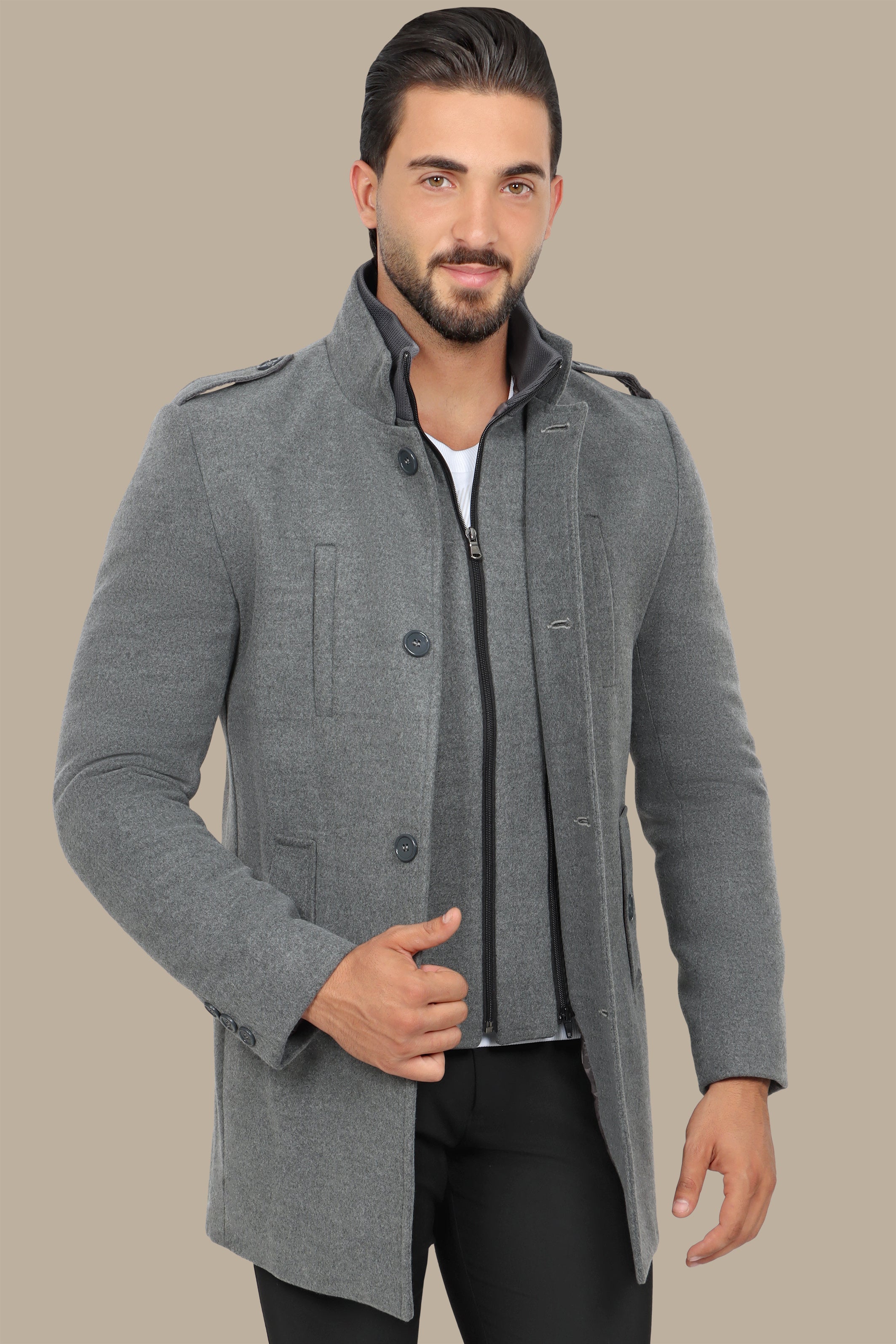 Light Gray Elegance: The Detachable Coat Col Mao in Timeless Style