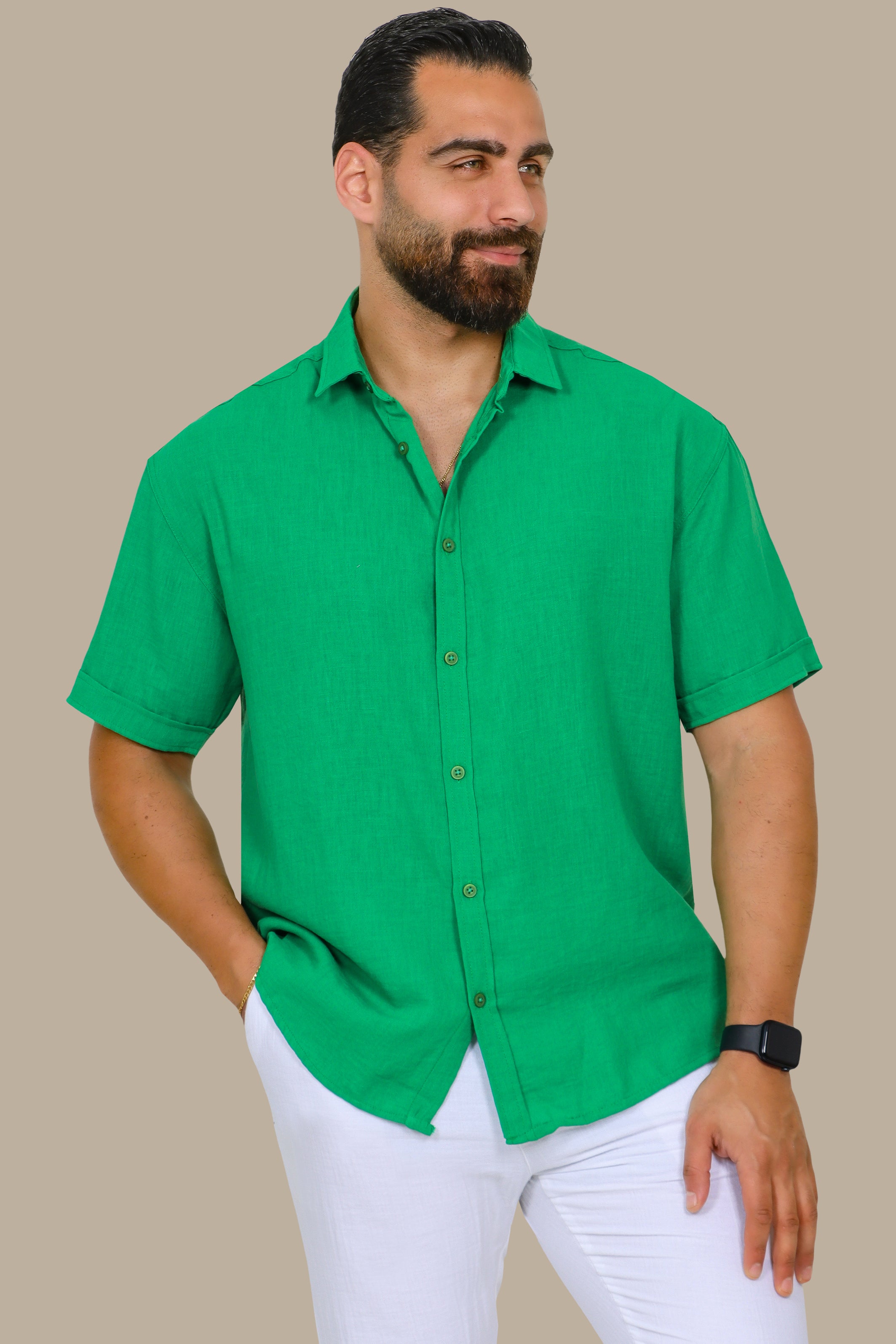 Green Linen Aerobin Short-Sleeve Shirt