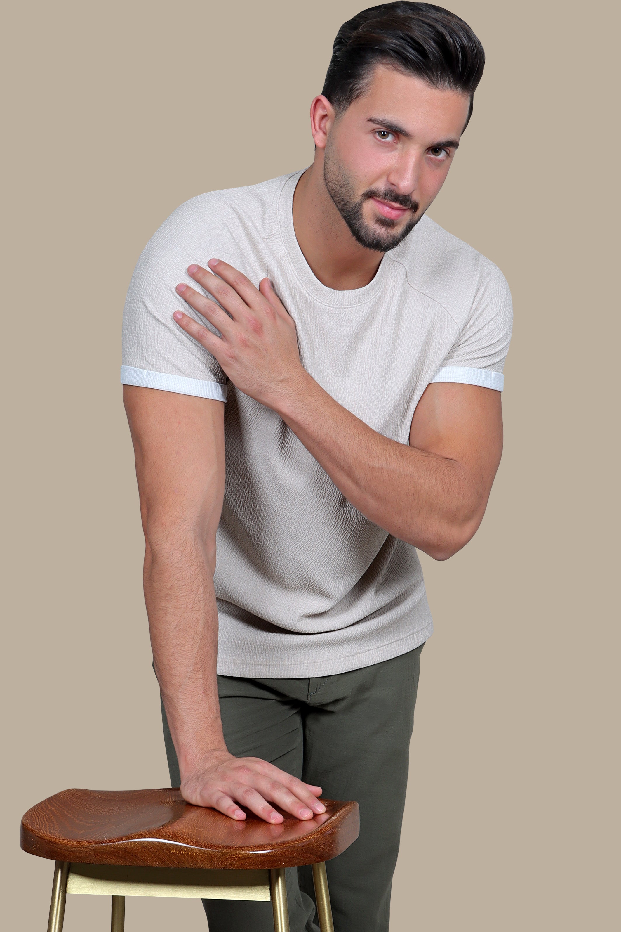 Relaxed Chic: Beige Oversize Shoulder Cut T-Shirt