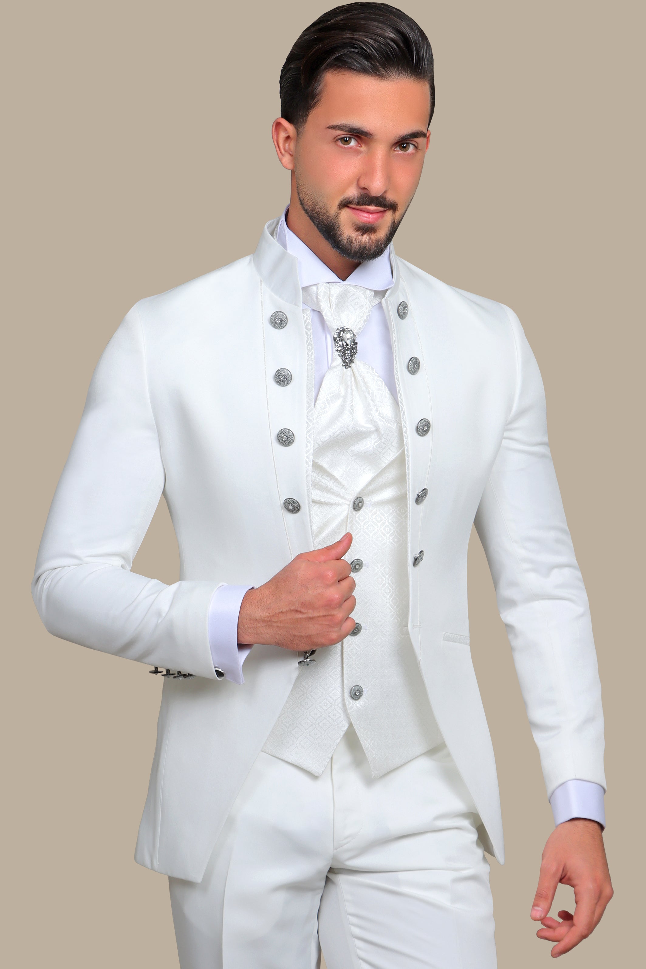 White 4-Piece Tuxedo with Col Chale & 12 Buttons