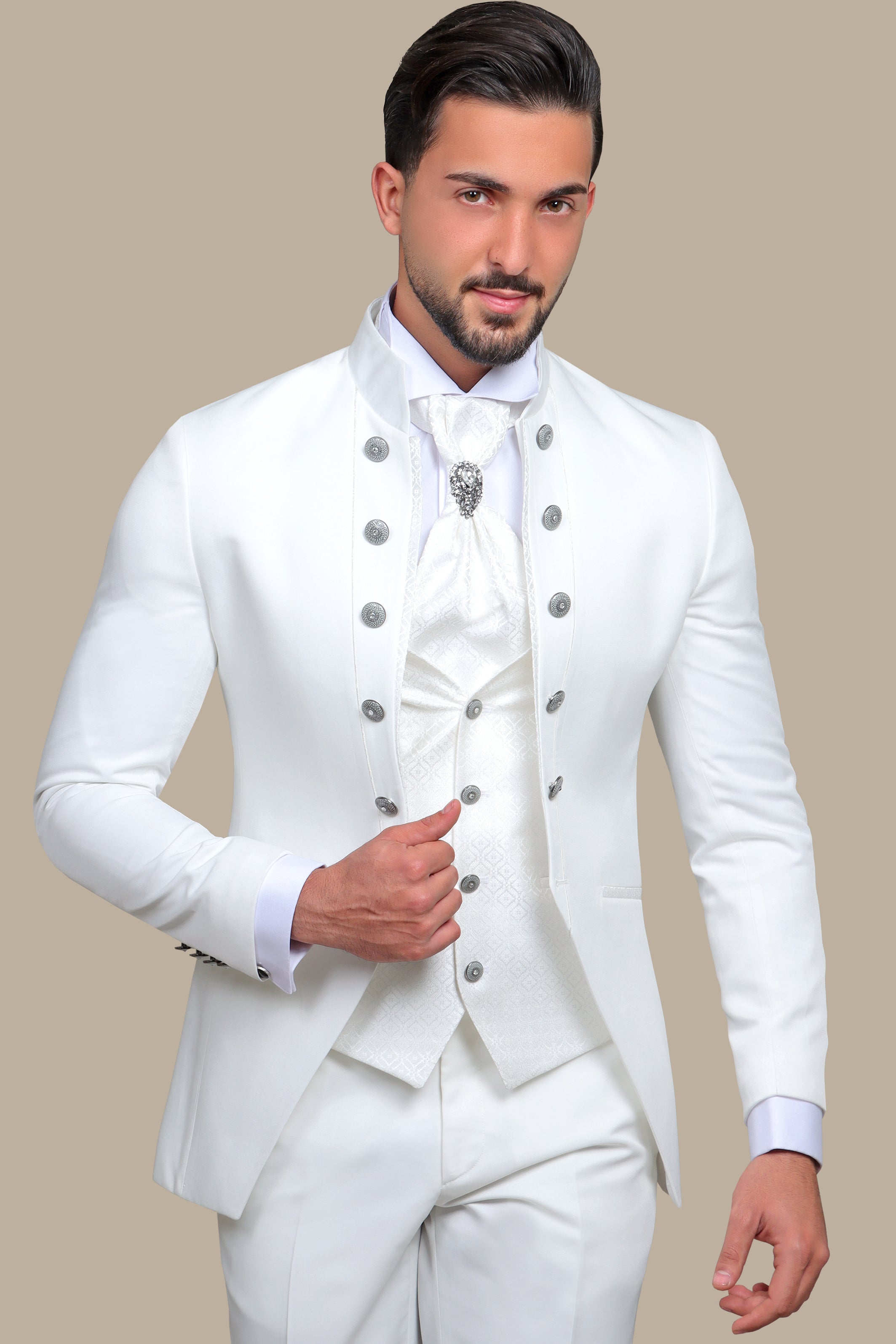 White 4-Piece Tuxedo with Col Chale & 12 Buttons