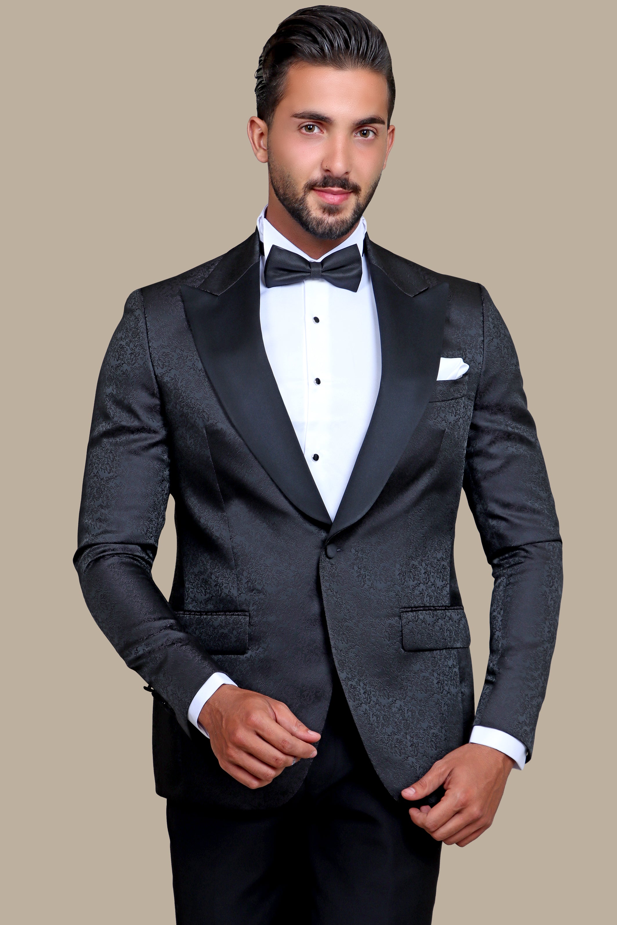 Elegant Blossom: Black Tuxedo with Jacquard Flower Print