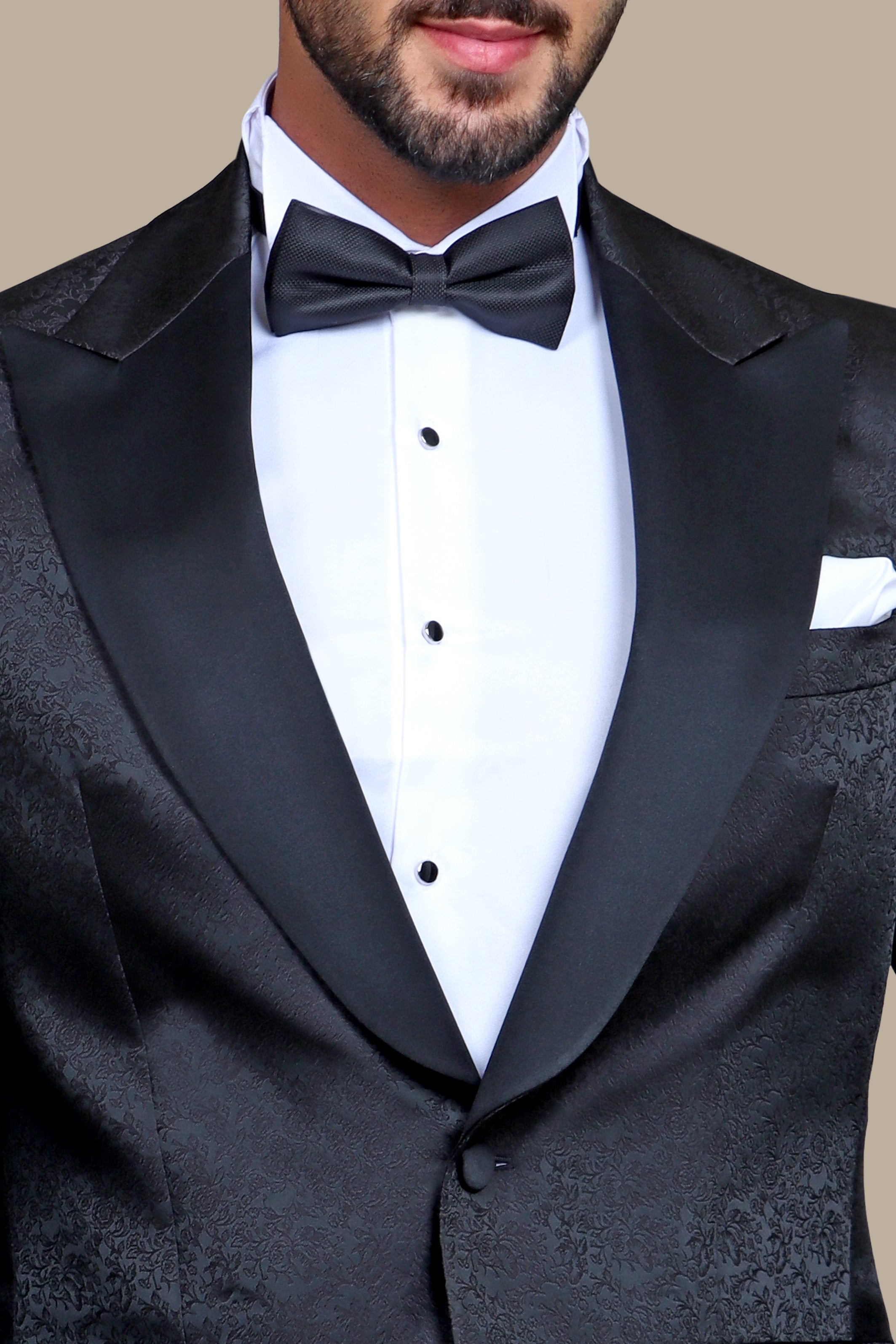 Elegant Blossom: Black Tuxedo with Jacquard Flower Print