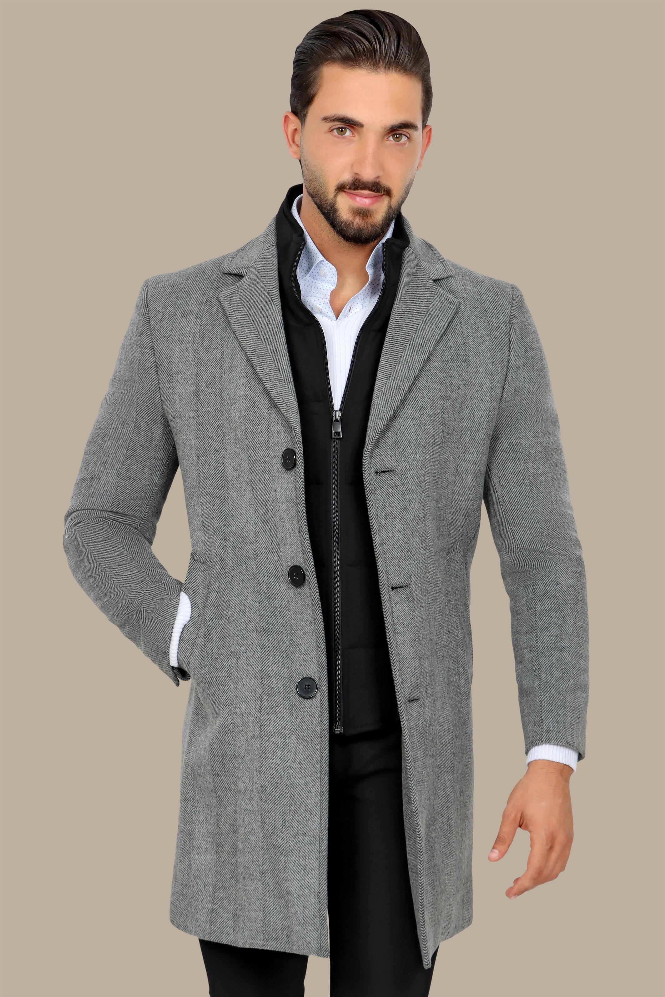 Grey Herringbone Coat with Detachable Collar