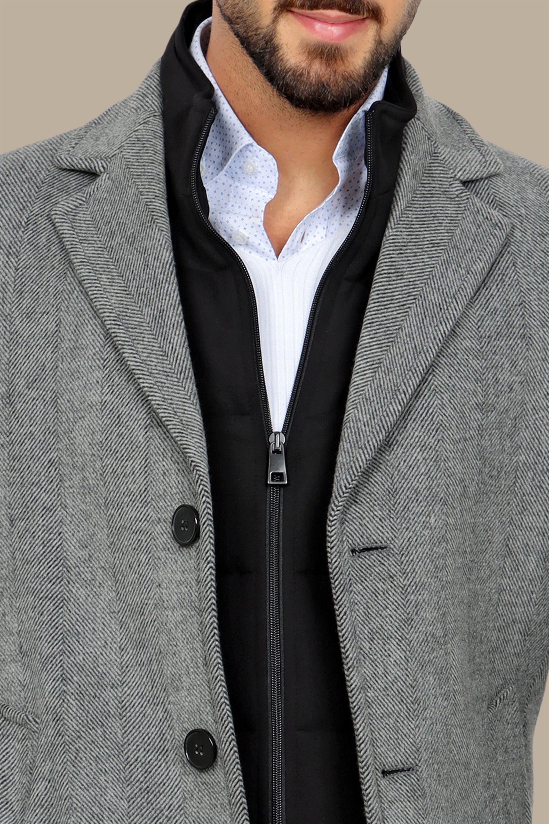 Grey Herringbone Coat with Detachable Collar