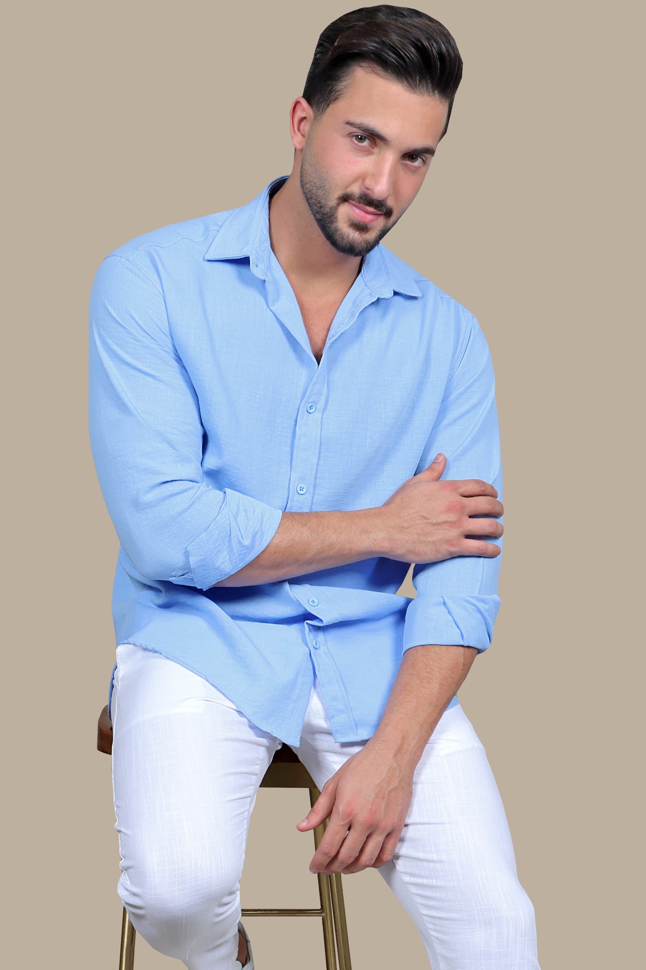 Sky Blue Linen Breeze: Short Sleeve Plain Shirt