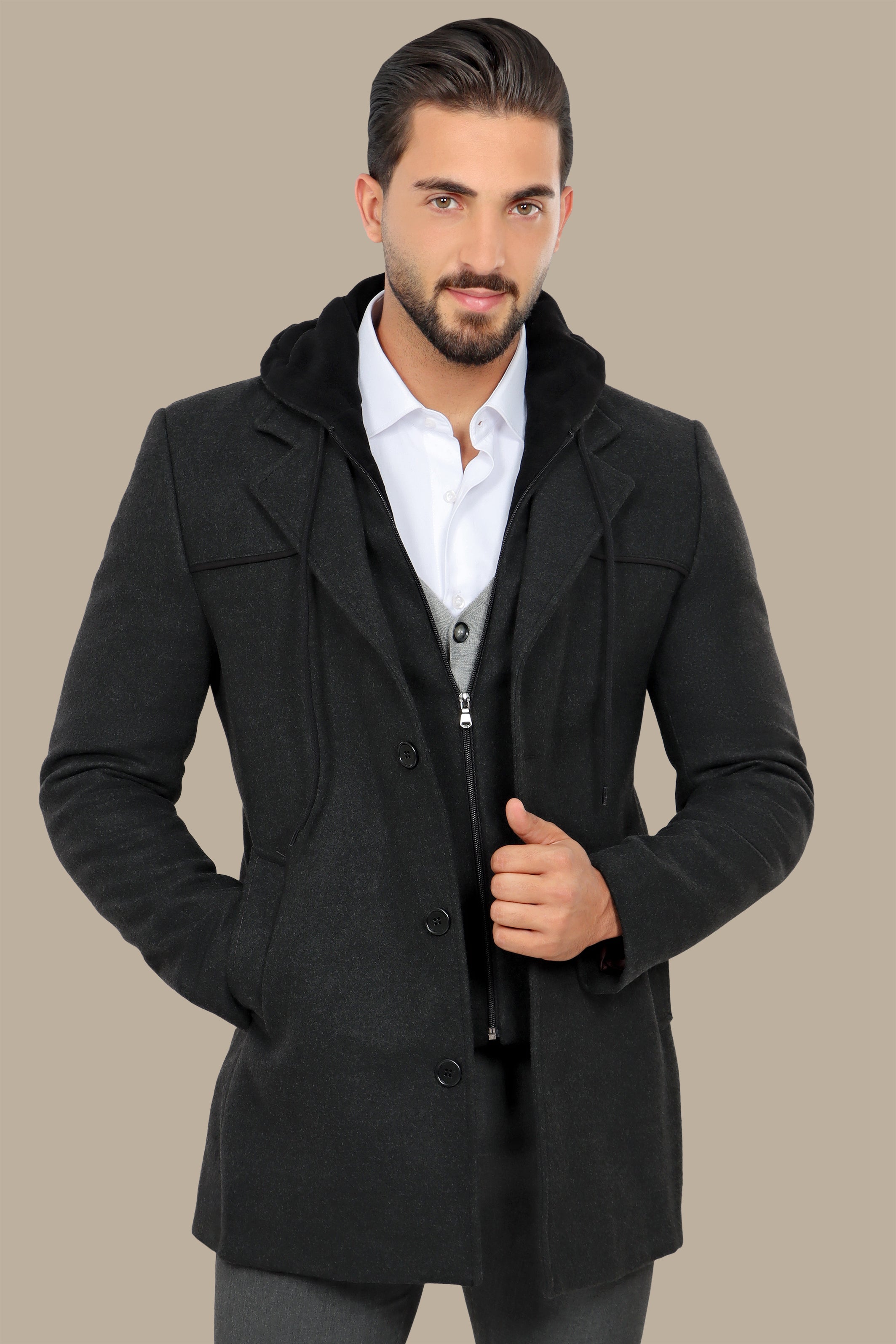 Dark Grey Coat with Detachable Hoodie