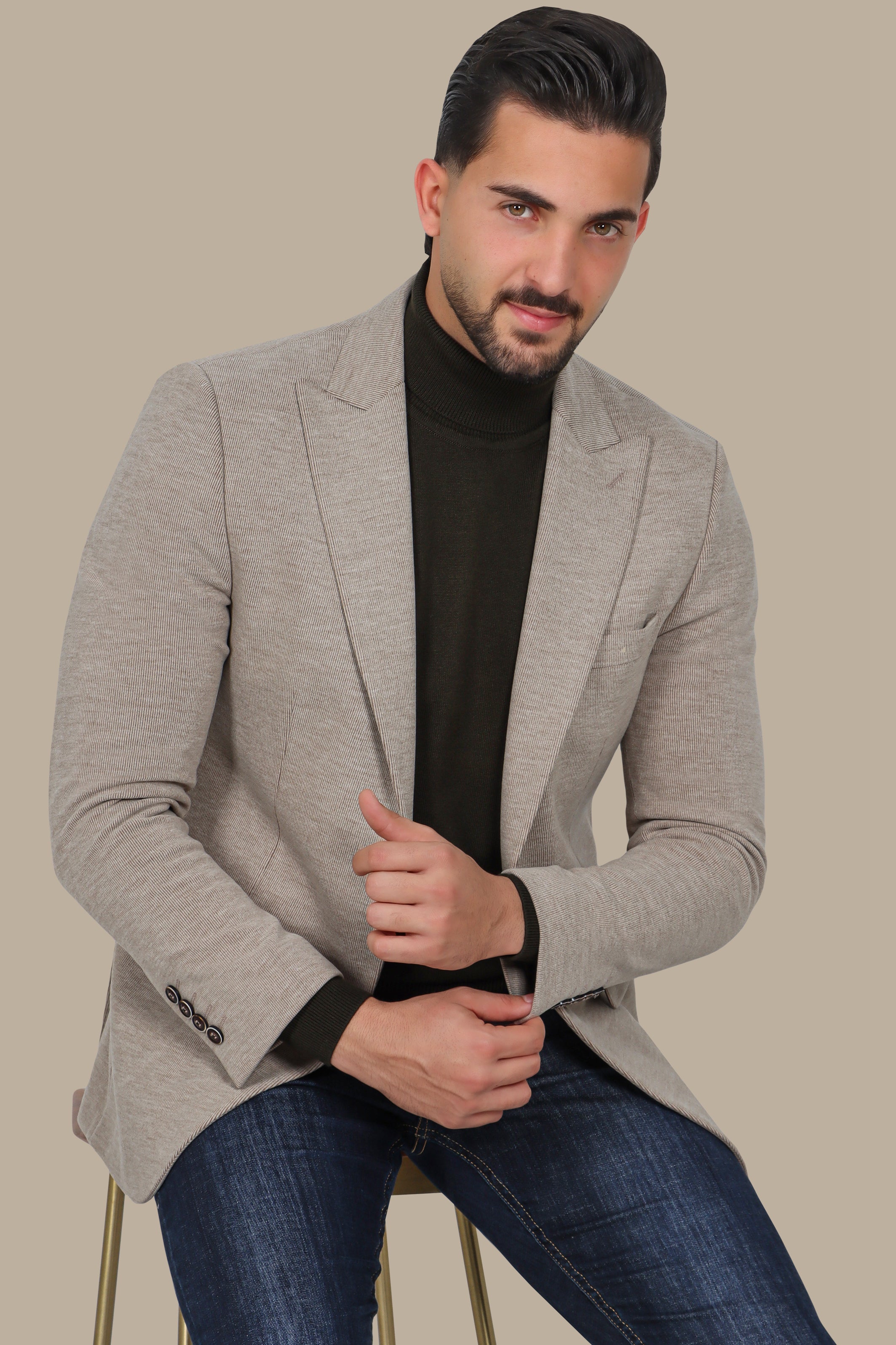 Beige Corduroy Slim Fit Blazer with Peak Lapel