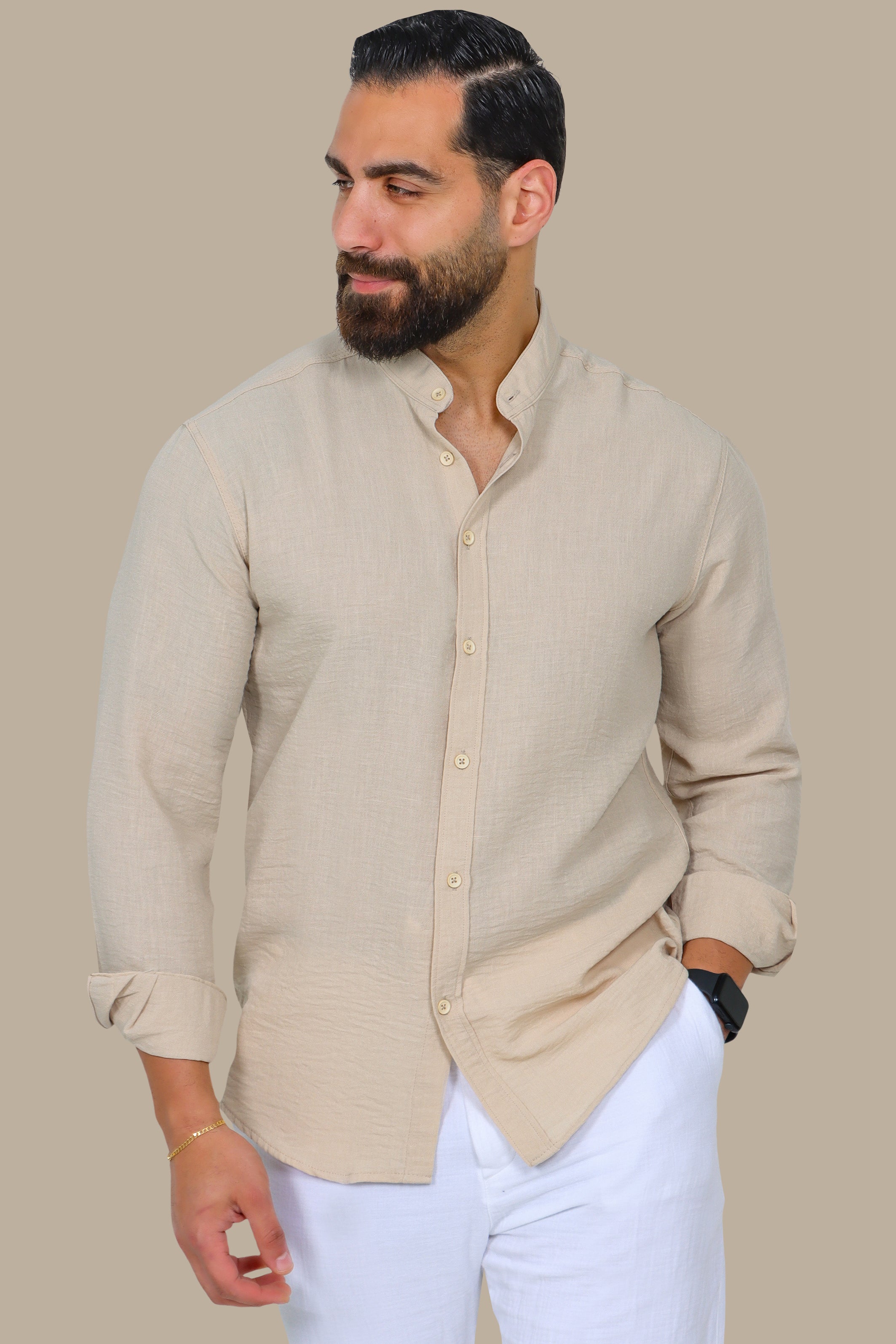 Beige Linen Aerobin Shirt with Mao Collar
